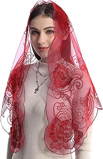 Catholic Mantilla Mass Veil - Triangle Cross Embroidery Church Lace Veil Spanish Chapel Mass Head Covering with Clips