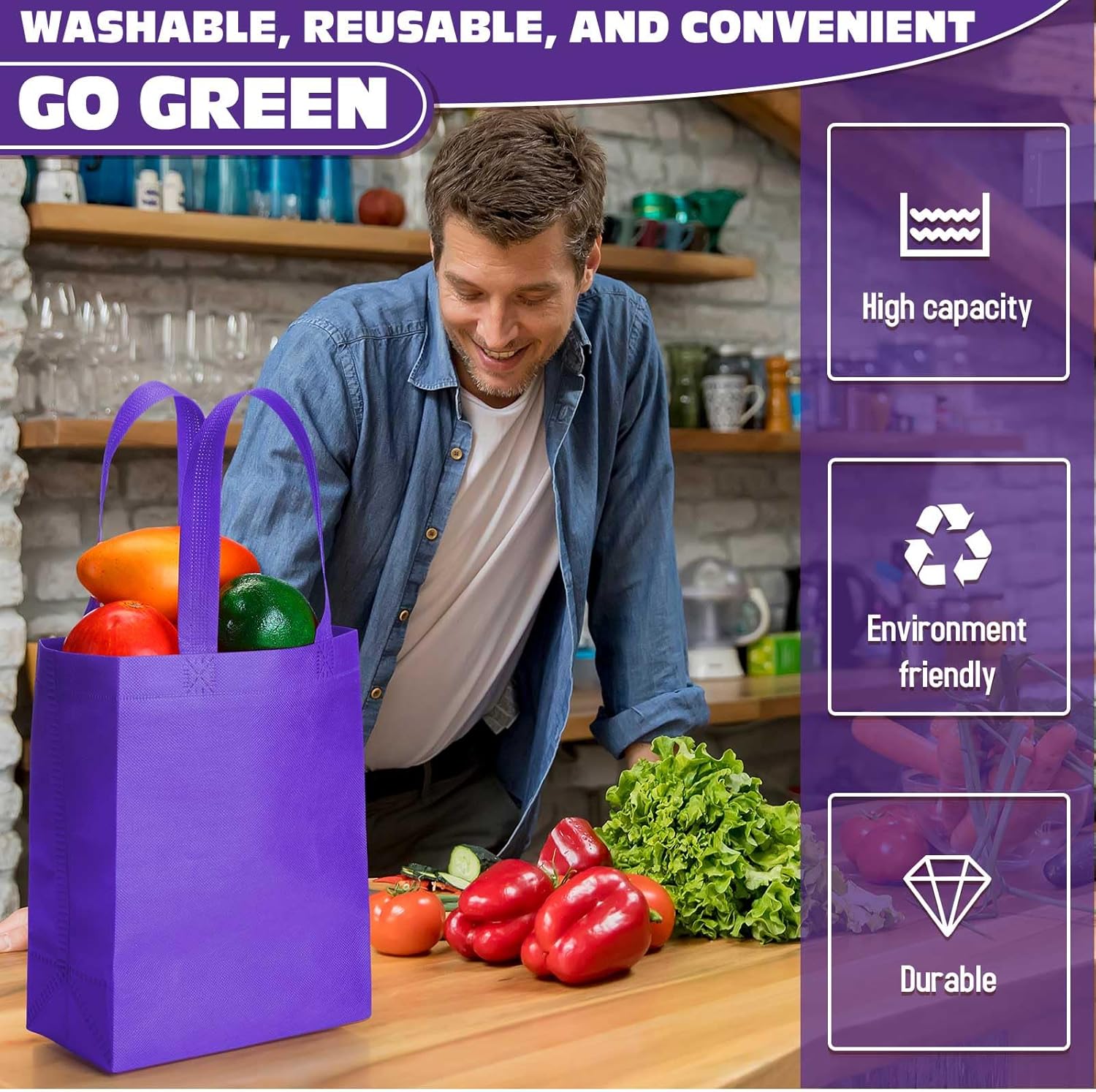 Windyun 100 Pcs Reusable Tote Bag Bulk 8 x 4 x 10 Inch Non Woven Shopping Bag with Handle Christmas Reusable Grocery Gift Tote (Dark Purple)