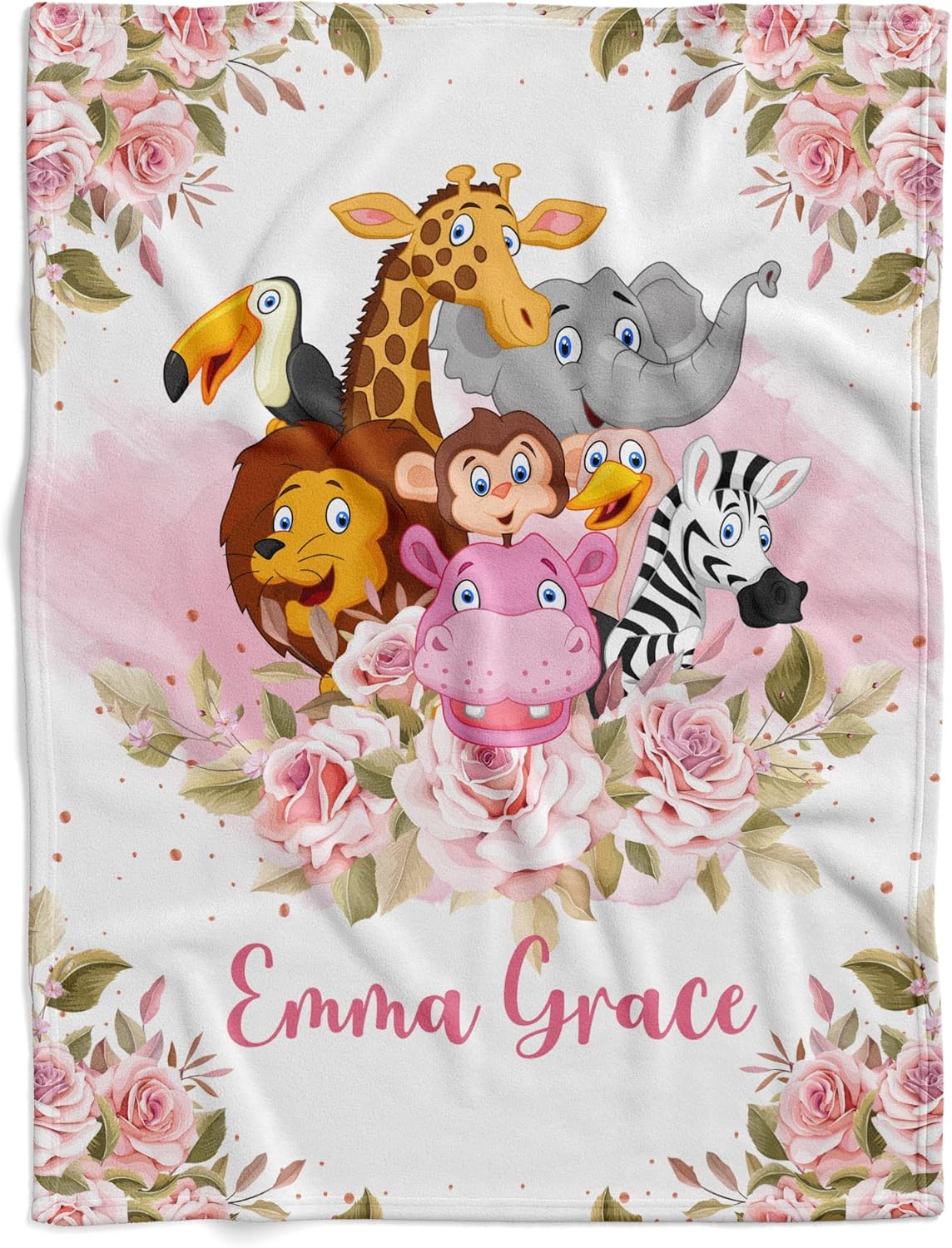 Personalized Safari & Floral Baby Blankets, Jungle & Woodland Themed, Pink Flower & Animal Designs, Custom Name, 2-in-1