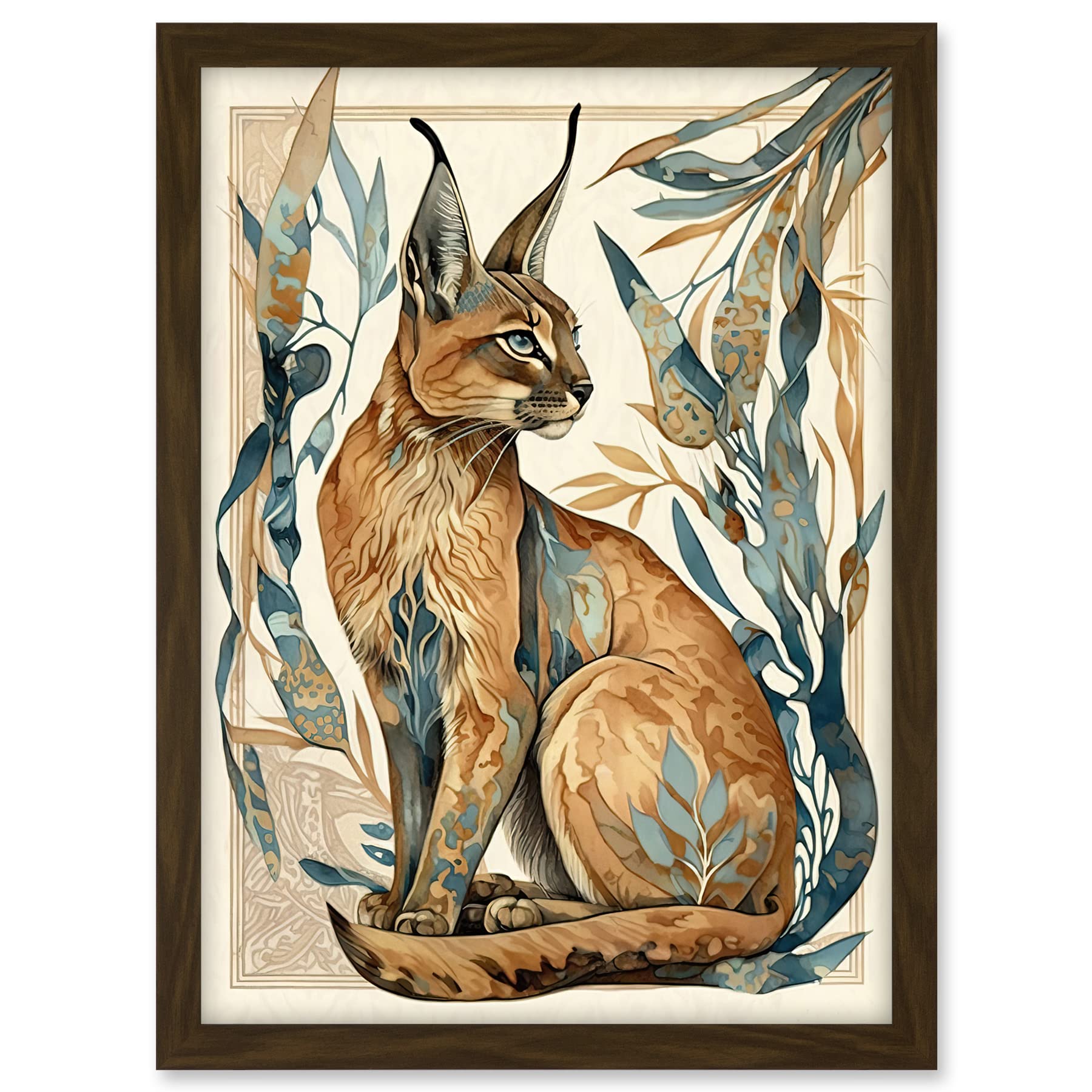 Artery8 Caracal Cat with Teal Plants Modern Art Nouveau Watercolour Illustration Artwork Framed A3 Wall Art Print
