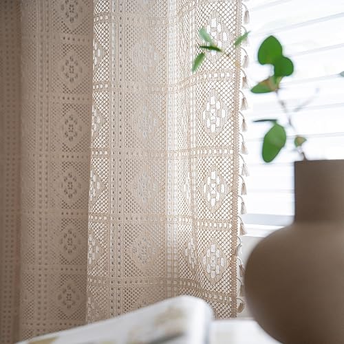 Miniatura 5 de Cortinas de ganchillo con diseño de enrejado de diamante, de punto hueco, de encaje, con bolsillo para barra, cortinas bohemias de algodón con