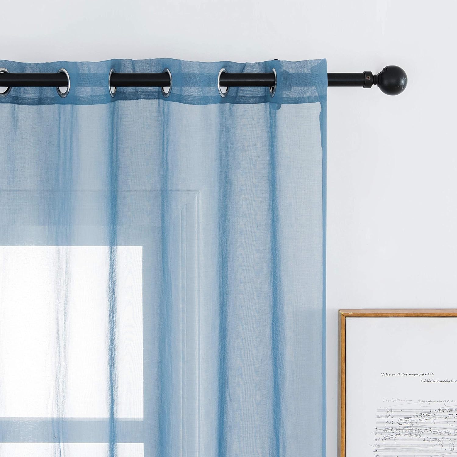 Blue Semi Sheer Curtains Faux Linen Sheer Curtains 45 Inch Length Window Curtain with Grommet for Bedroom Living Room 2 Panels, 54 Wx 45 L, Grey Blue