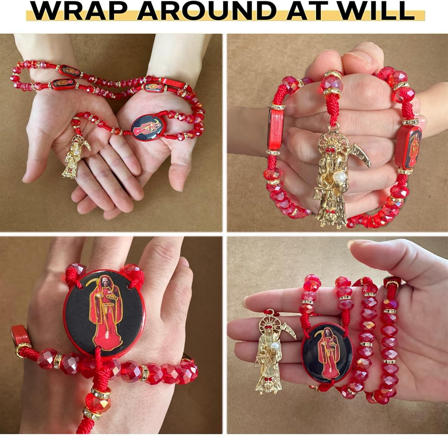 BONITTER Black Holy Death's Necklace Wooden Santa Muerte Necklace Red Rosaries Beads Blessing Crafted Rosario de la santa muerte Prayer Gift For Women Men - Image 3