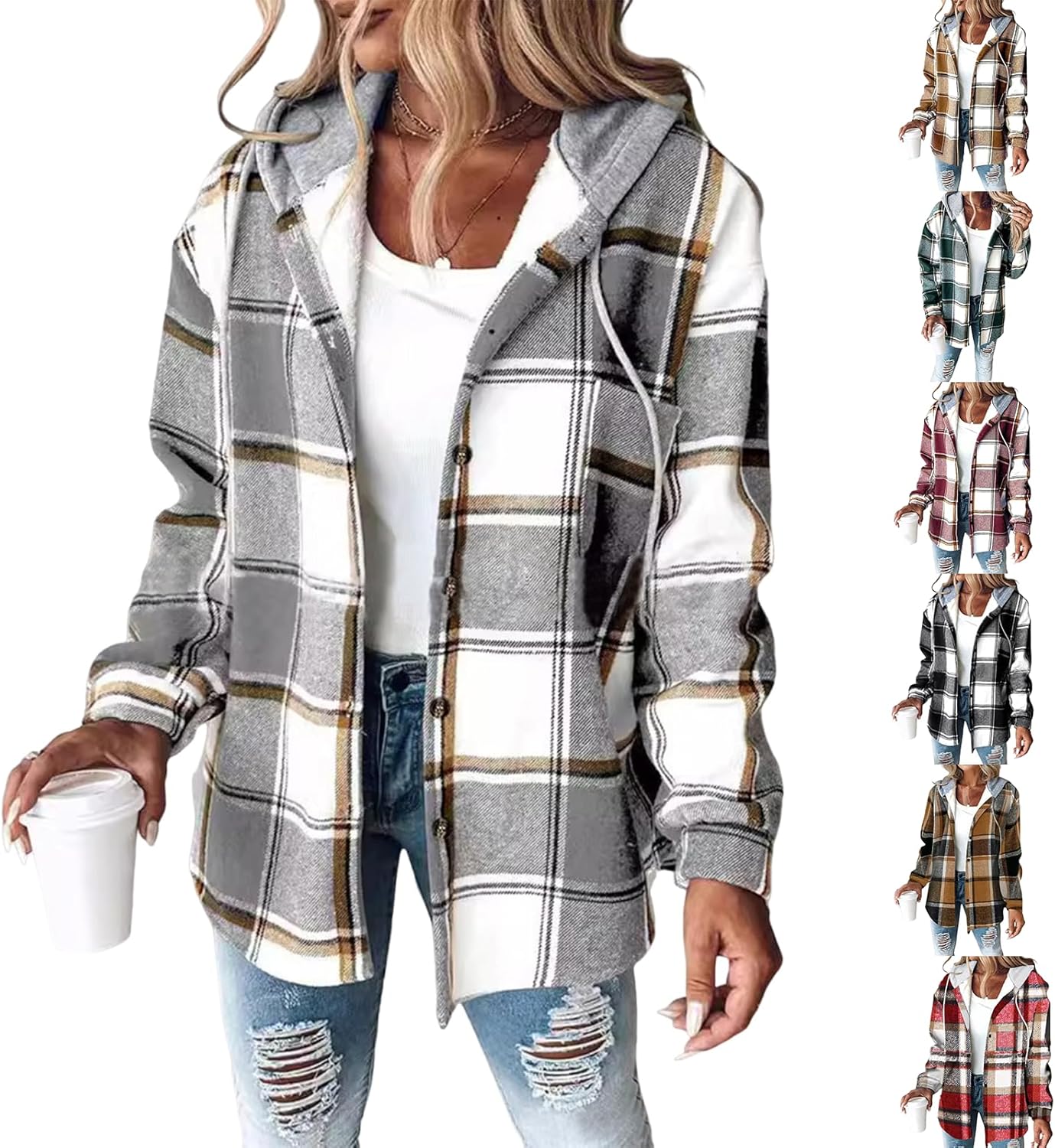 Plaid Jacket for Woman Casual Button Down Long Flannel Jacket with Hood Cute Fall Shacket Checkered Casual Outerwear