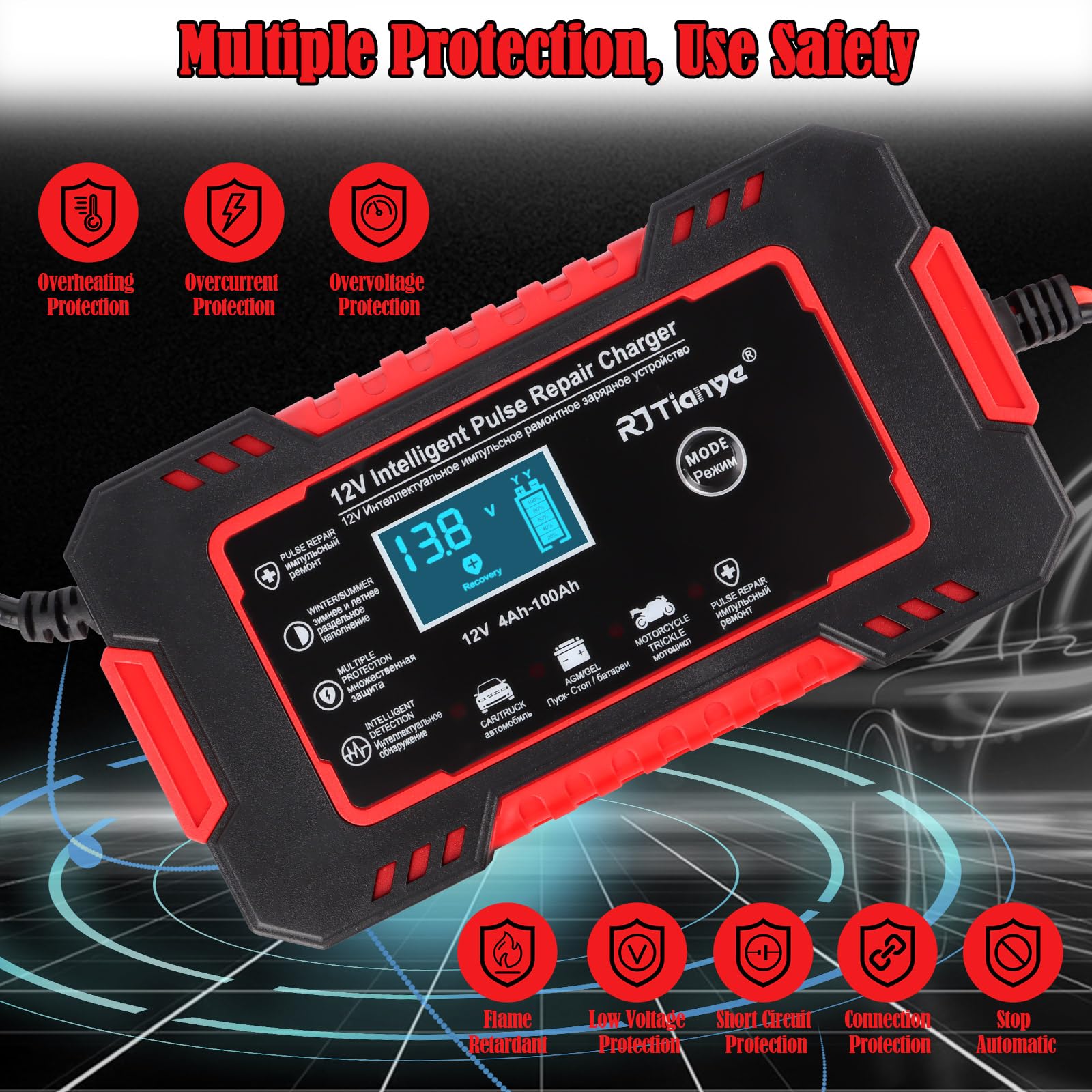 Carica Batteria per Auto 6A 12V, Caricabatterie Auto con Intelligente Schermo, Mantenitore Batteria Moto con Compensazione Della Temperatura, Carica Batteria Auto per Camion, Moto, Tosaerba, Barca