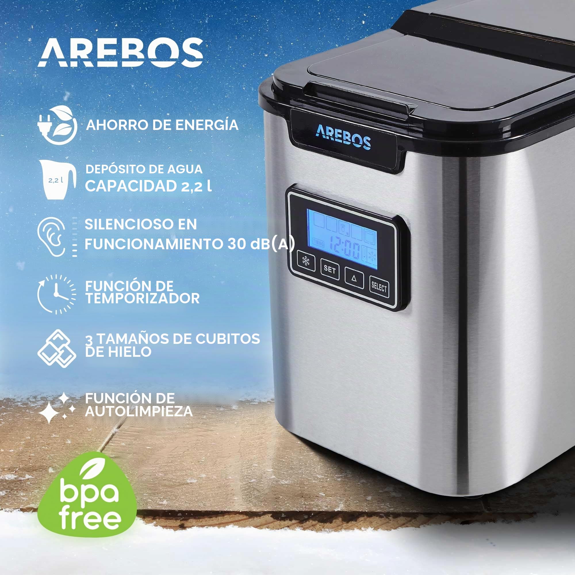 Arebos Máquina de cubitos de hielo acero inoxidable | 8-13 minutos de tiempo de producción | 3 tamaños de cubitos de hielo | LCD | Función de autolimpieza | sin conexión de agua