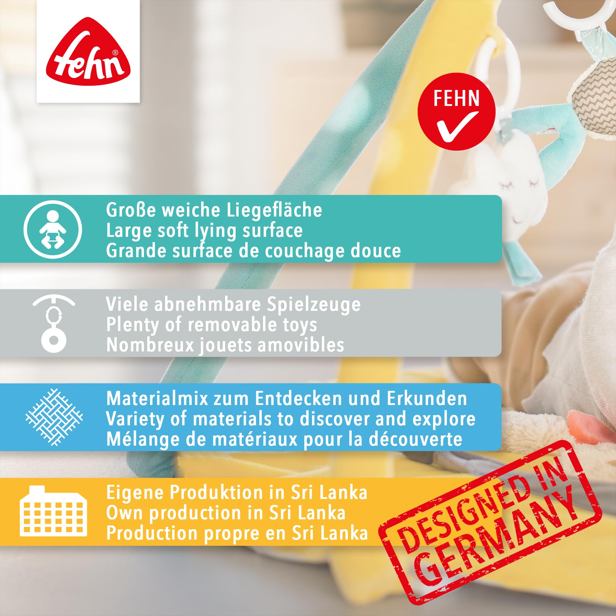 Fehn Couverture d'activités 3D Arche de jeu mouton - Couverture d'éveil avec 5 jouets amovibles à attraper - pour bébés et enfants à partir de 0+ mois - Tapis d'éveil comme cadeau de naissance