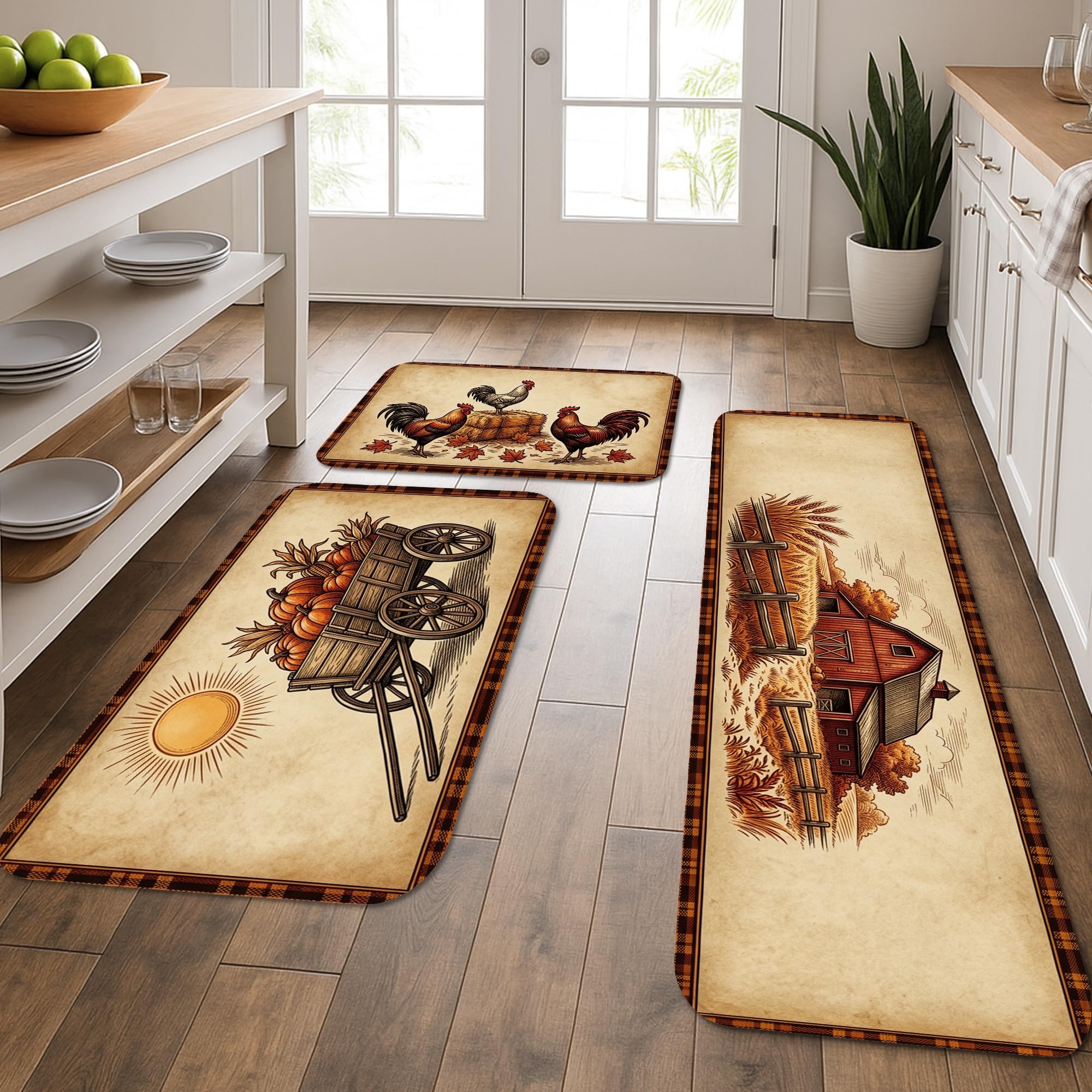 Tapis de cuisine rustiques lavables ensemble de 3 tapis marron automne confortables pour sol