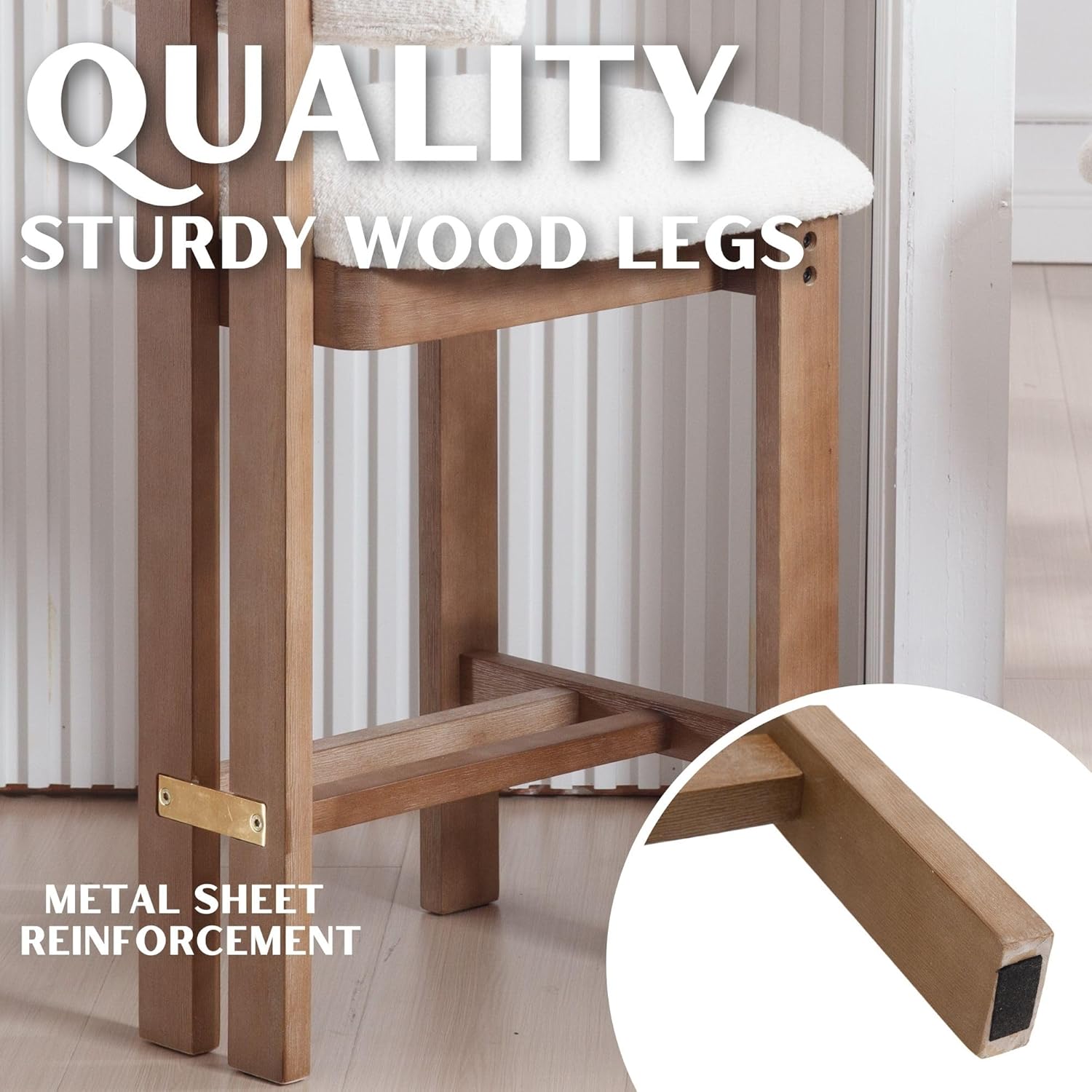 RIVOVA 26 inch Farmhouse Bar Stools Set of 2 Sherpa Upholstered Kitchen Stool Wood Legs Boho Pub Stool with Back Modern Counter Height Bar Chairs Kitchen Island Barstools, White