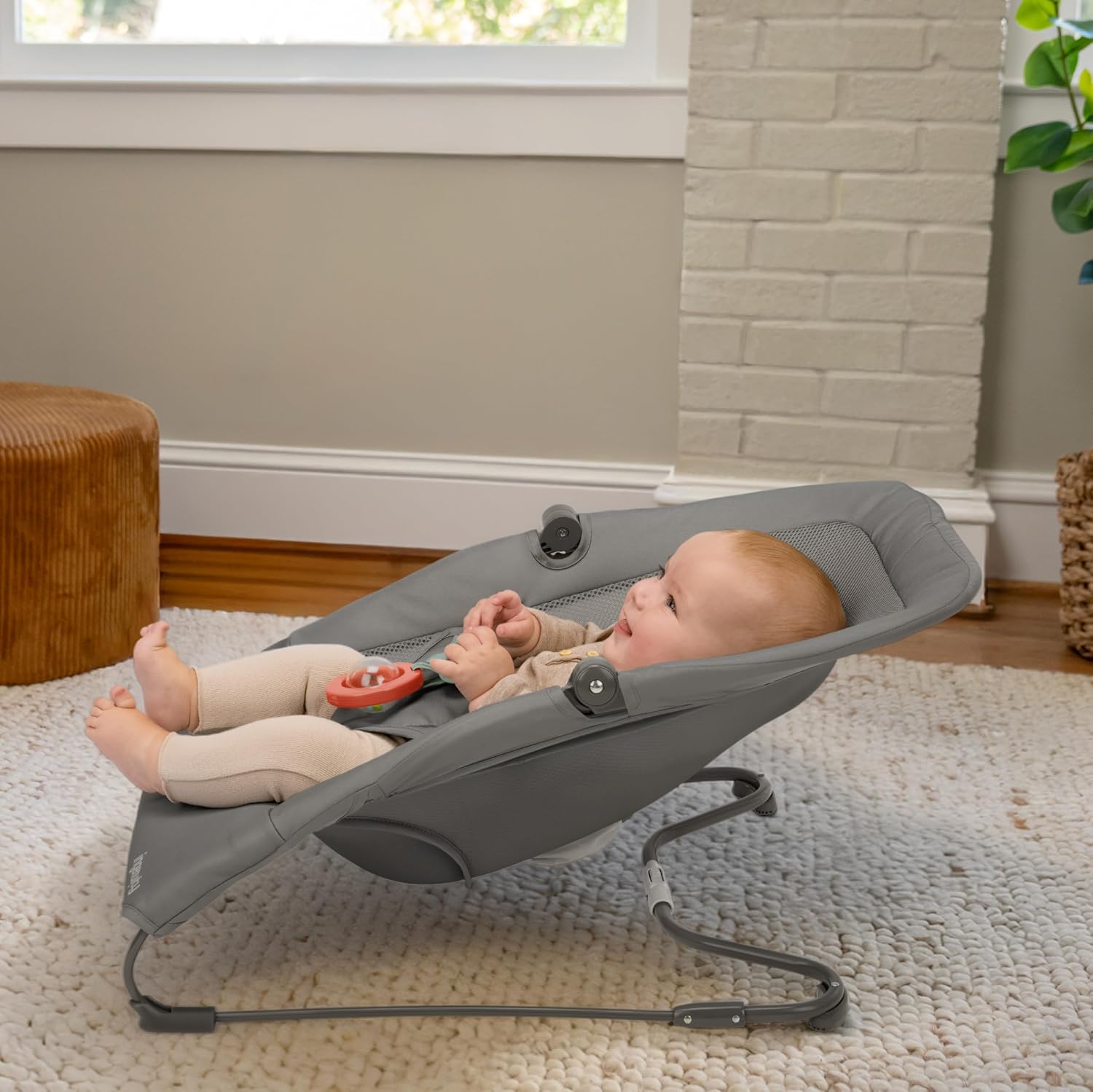 Ingenuity Stow & Go Compact Folding Baby Bouncer, Lightweight Portable Seat with Vibration & Toy, Grey, Under 5 lbs
