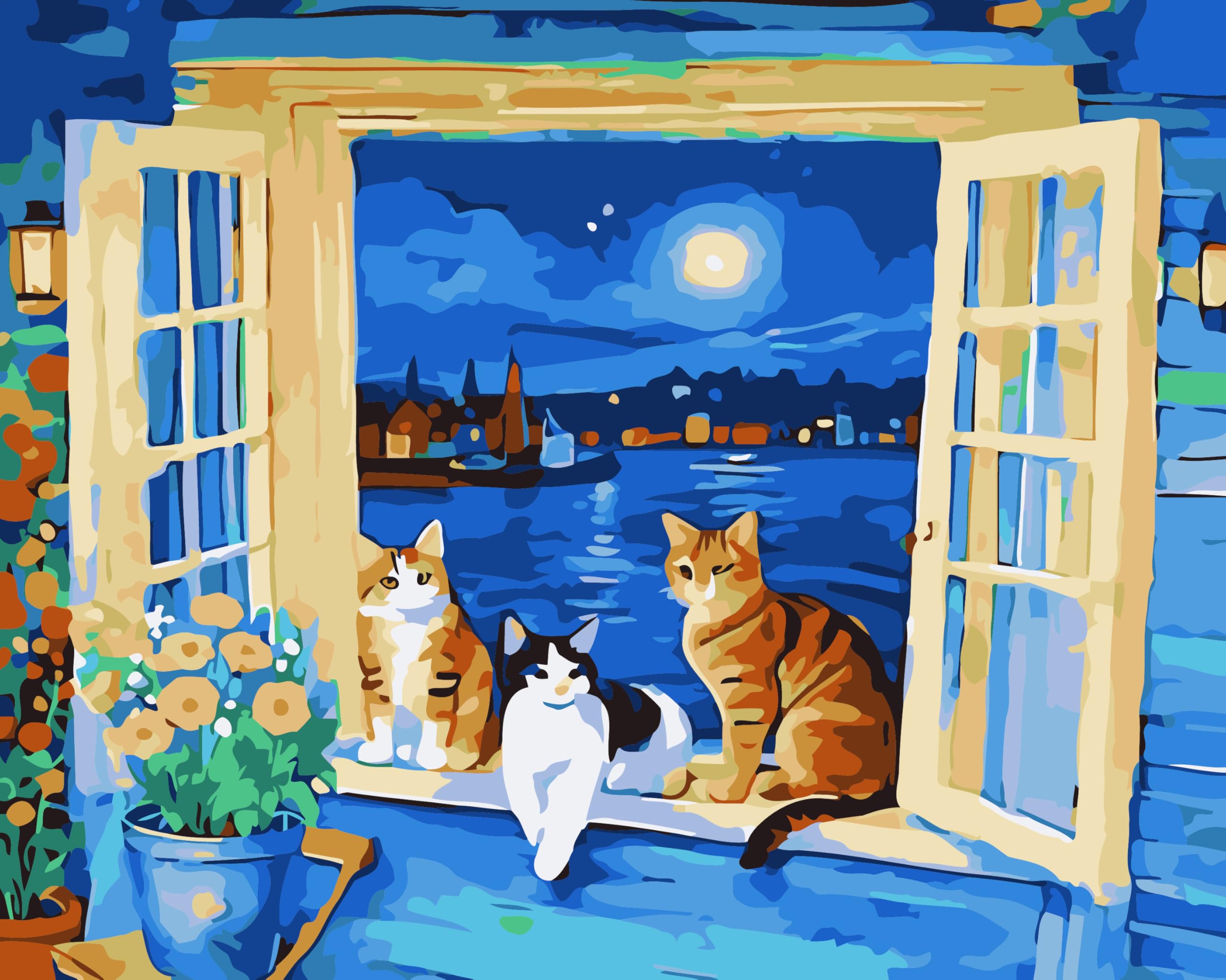 CaptainCrafts Paint by Numbers for Adults Beginner 16x20 Inch DIY Craft Art Paintings Home Wall Decor (with Frame, Windowsill Cats)