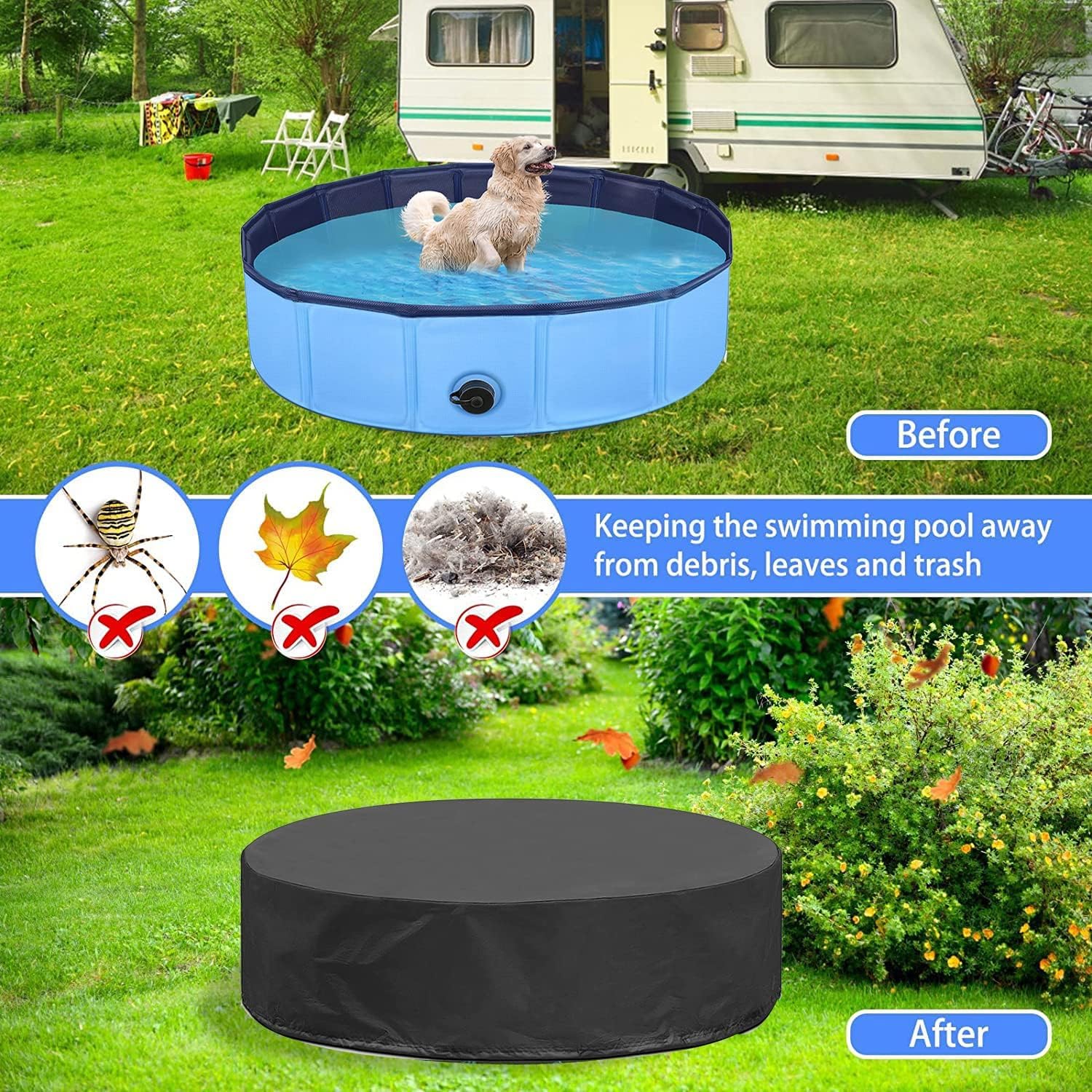 Abdeckung für Hundepool,Poolabdeckung Rund 160 x 30cm,Faltbarer UV Beständiges,Schwimmbadabdeckung mit Kordelzug für Hundeplanschbecken und Kinderplanschbecken