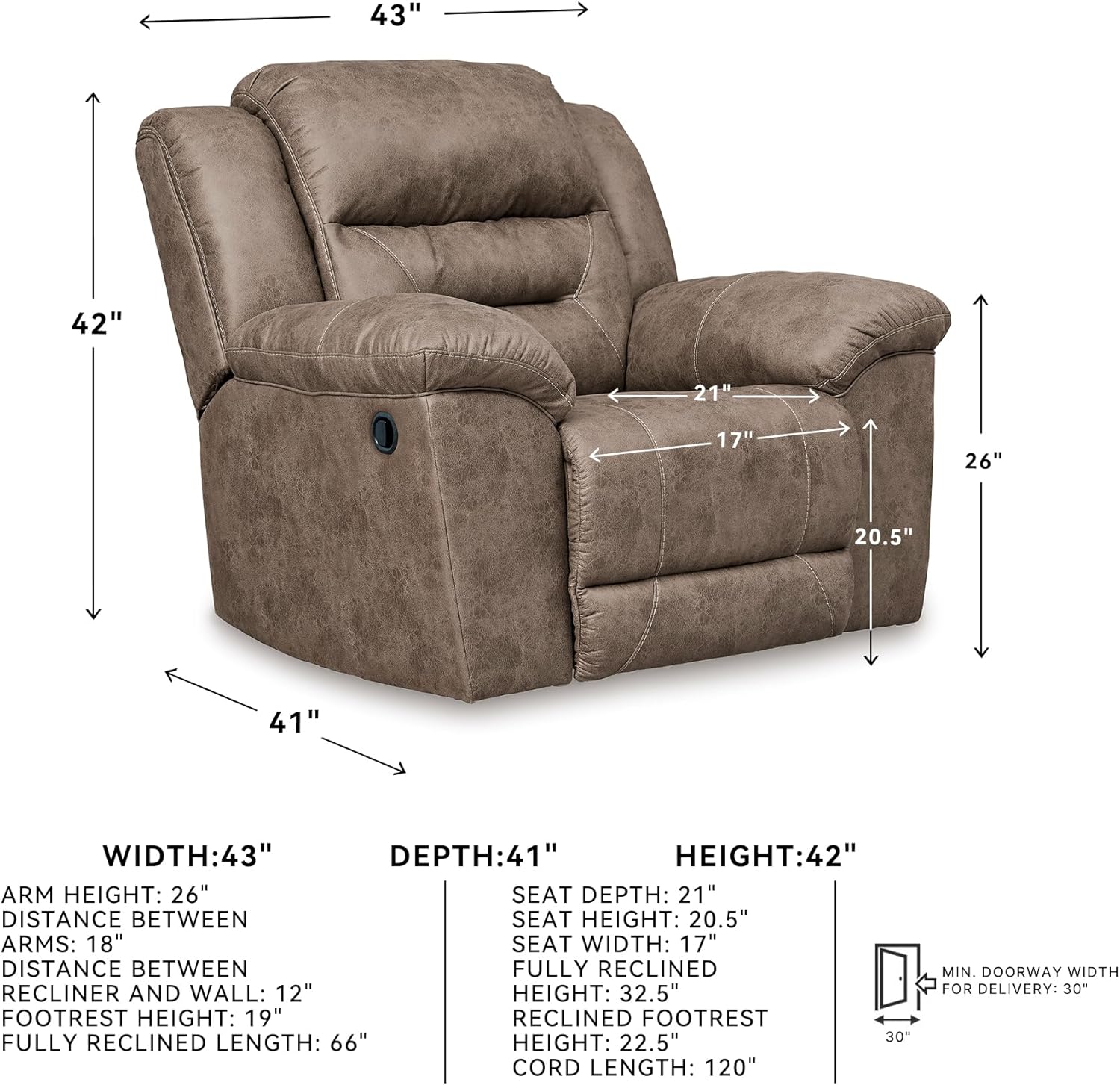 Signature Design by Ashley Stoneland Modern Power Recliner with Gentle Rocking Motion, One-Touch Power Control, Faux Leather, 20.5" Seat Height, Brown