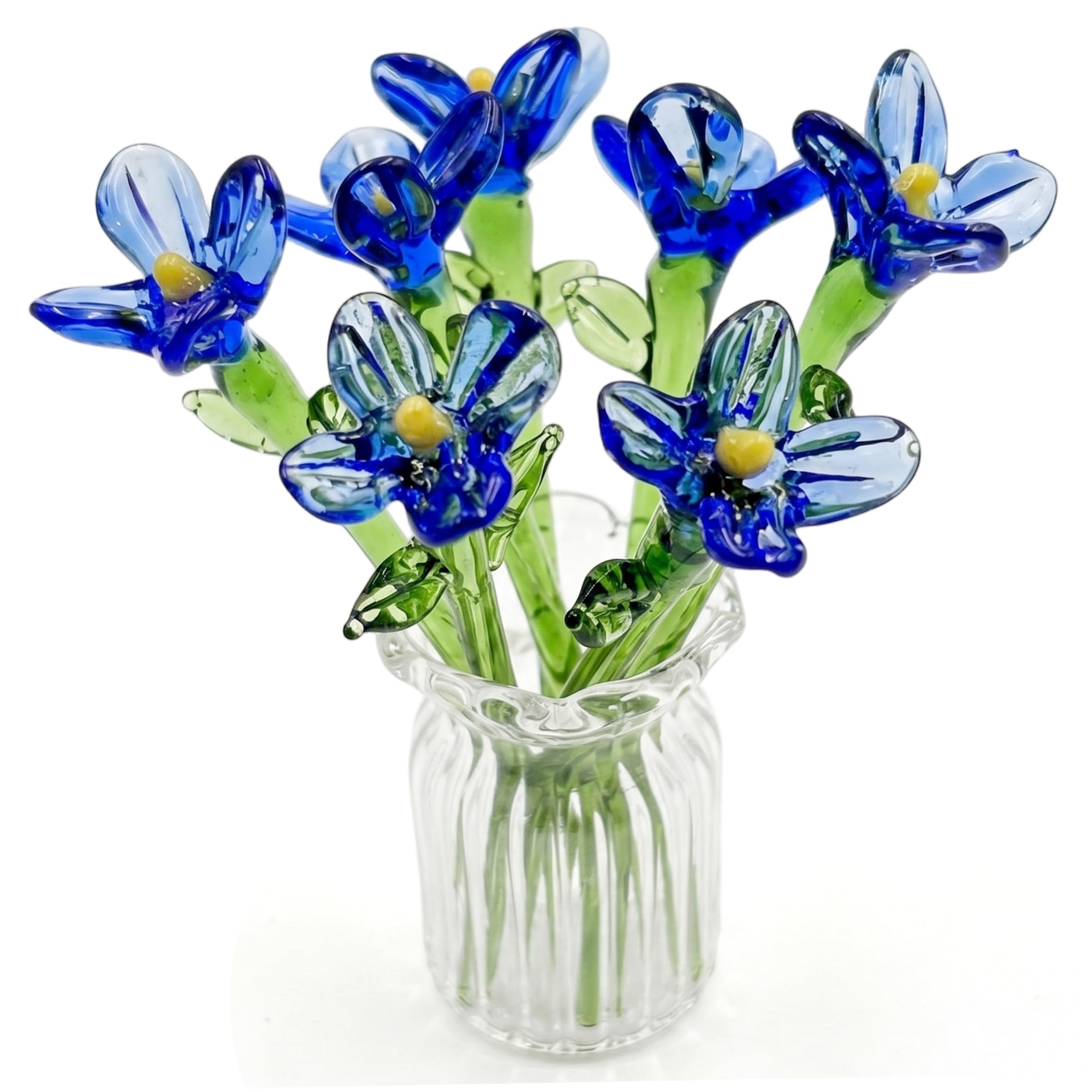 Sjfbebsy 7-Piece Mini Glass Flowers in Vase Handcrafted Blue Floral Bouquet with Stems Desktop Decor, Tiny Glass Flowers in Vase