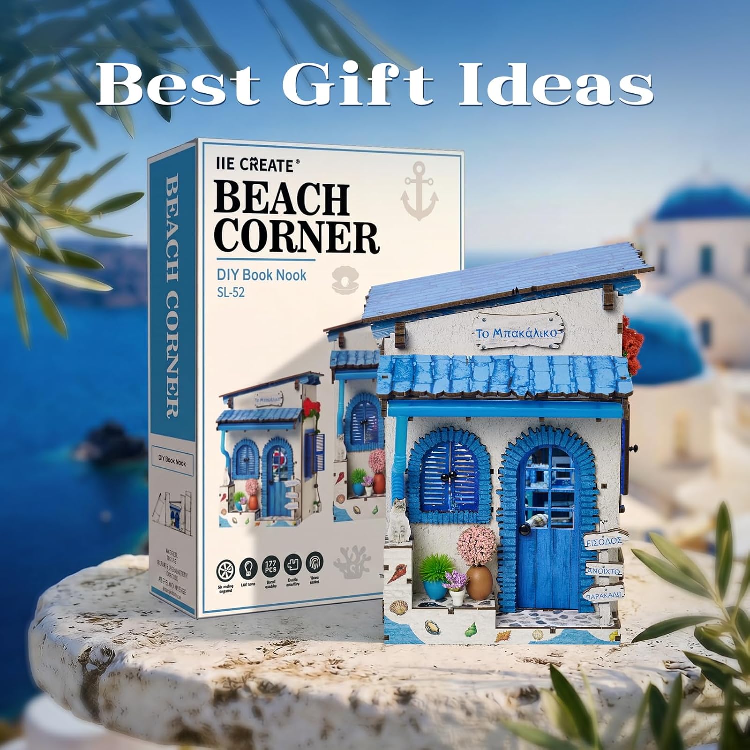 Book Nook Kit - Beach Corner DIY Miniature House Dollhouse Booknook Kit | Beachy Tiny House 3D Wooden Puzzle Craft Kits with Touch LED Light, Bookshelf Insert Decor Gifts for Adults & Beginners