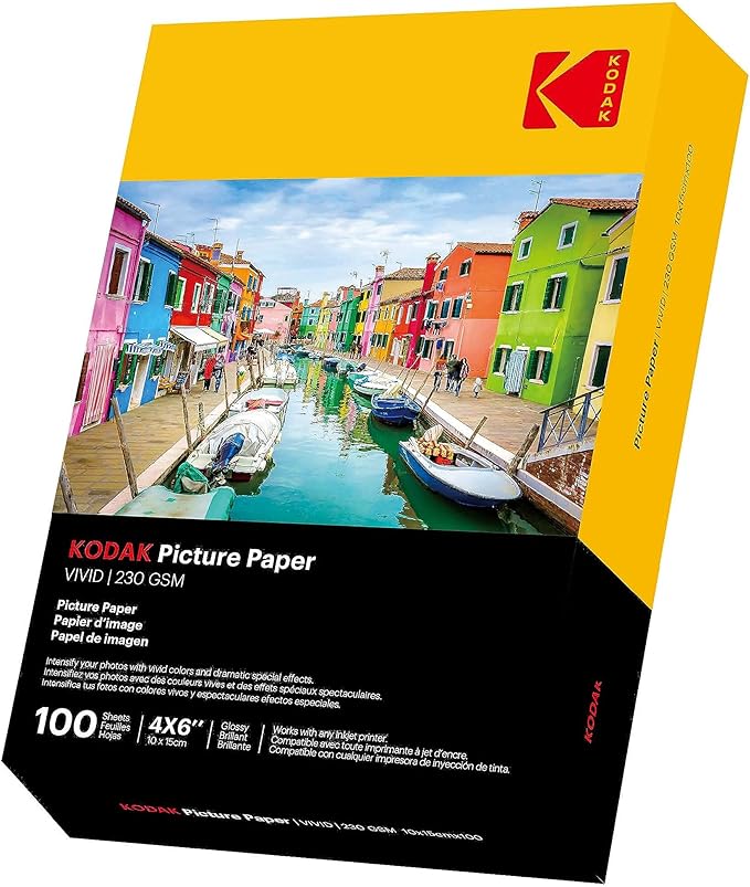 KODAK Picture Paper Vivid 4x6 100 Count 230gsm Weight, 11.9mm Thickness, Vivid Color Imaging Paper This product is not compatible with KODAK Dock Printer