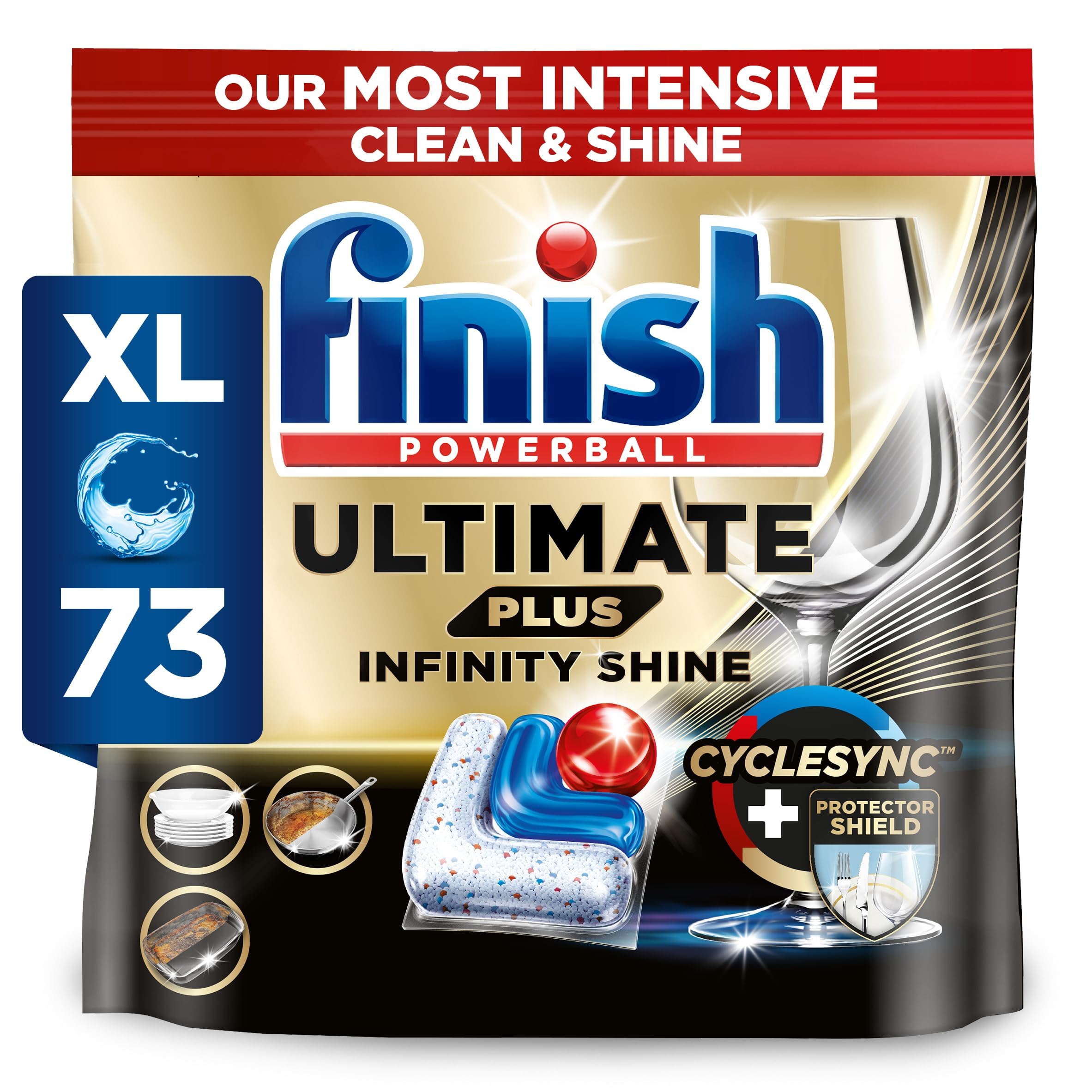 Dishwasher Tablet, Ultimate Plus Infinity Shine, 73 Detergent Tablets, Fresh Scent, Tough on Grease, for Our Most Intensive Clean & Diamond Shine, Effective for Short Eco Cycle