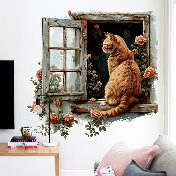 Flower Fake Window Wall Sticker Cute Cat Floral Wall Decals Peel and Stick Vintage Peony Rose Faux Window Decor Kawaii Kitten Decal for Kids Girls Room Bedroom Living Room ZDB32