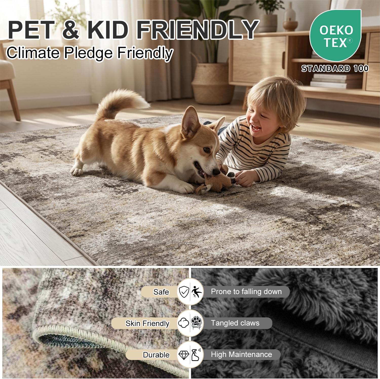 Modern Abstract Area Rug Distressed Faux Wool Stain-Resistant Carpet for Kitchen Bedsides Laundry Room 0.26 Inch Low Pile Non Slip Floor Mat, Brown, 3'x5'