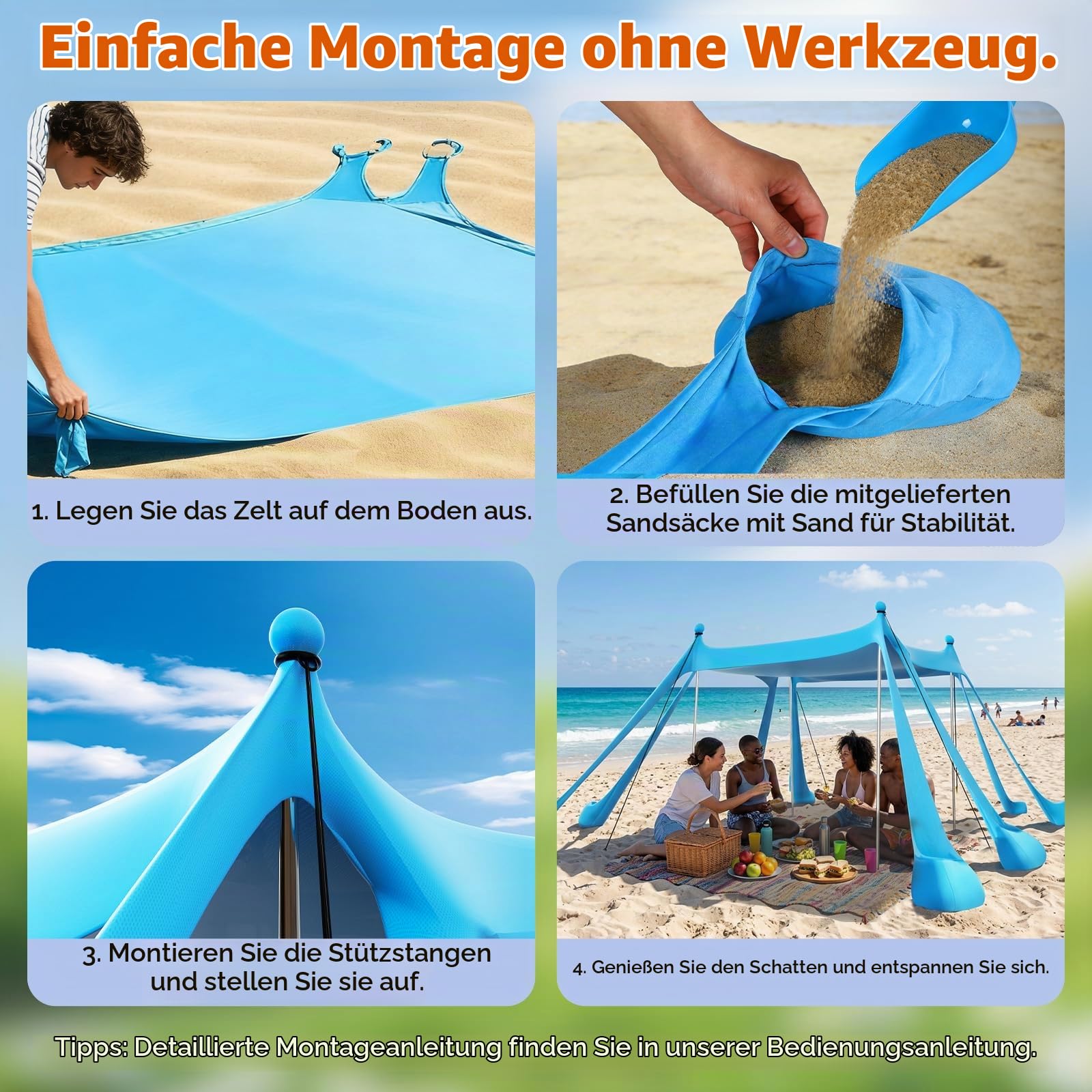Strandmuschel 3m x 3m, UPF50+ UV-Schutz Sonnenschutz Zelt–Octagon Design mit 8 Heringen & 4 verstärkten Stangen,Großes Strandzelt für 5-8 Personen, Windbeständig für Camping,Picknick & Angeln, Blau