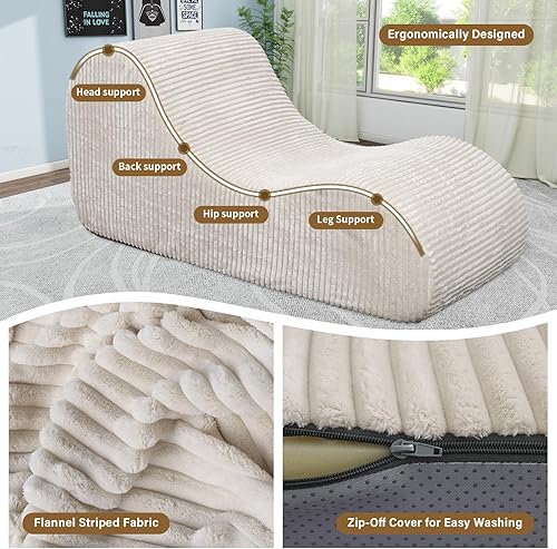 Miniatura 5 de Tumbona de pana para interiores, sin hueso, de gran tamaño, esponja de alta densidad, suave sofá con curvas de cuerpo humano para yoga, color caqui