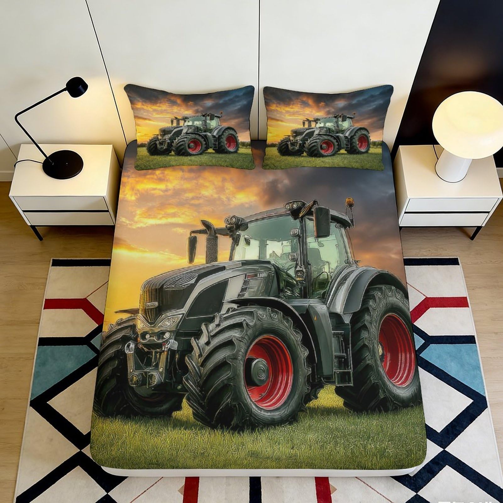 3D Printed Tractor Sunset Fitted Sheet Microfiber Soft Non-Slip Farm Scene Mattress Cover for Bedroom Decor 90x200x25cm