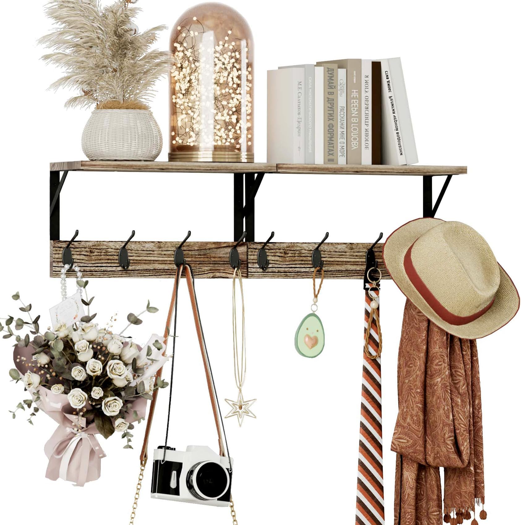 Coat Rack Floating Porte Manteau Mural HOMCOM Rustic Wall-Mounted Coat Rack Floating Shelf ...