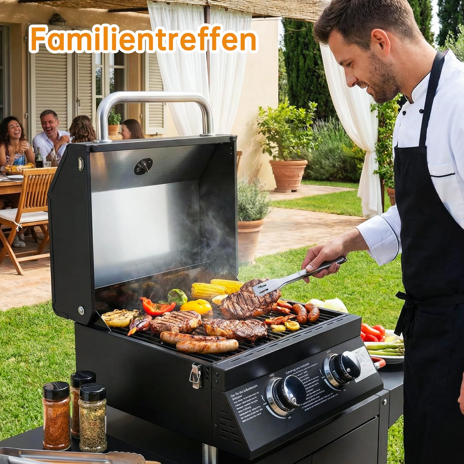 TLSUNNY 2 Brenner Gasgrill Klein, Tragbarer Tischgasgrill Kompakt mit Emaillierter Grillrost, Thermometer, Camping Gasgrill für BBQ, Balkon, Garten, 4.4kW, 42x33 cm Grillfläche, 4 PCS Füße, Schwarz