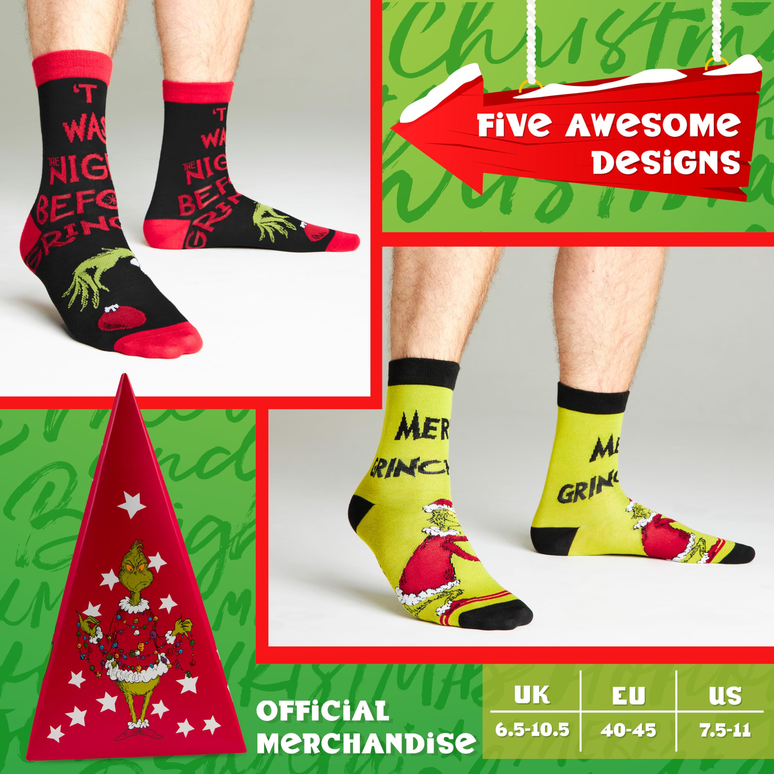The Grinch Chaussettes Homme EU 40-45, Multipack Chaussettes Rigolotes, Semelle Antidérapante, Cosy Idee Cadeau Homme