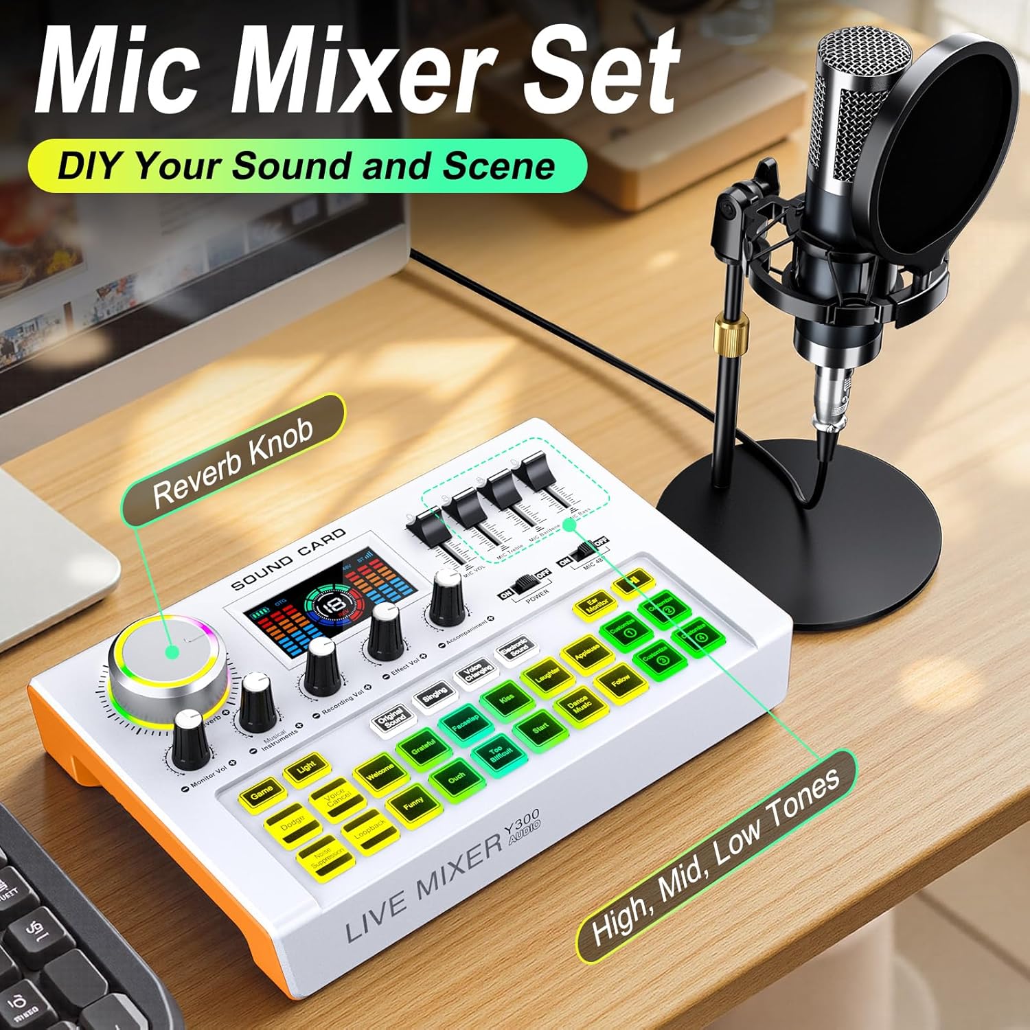 Y300-P15 Podcast Equipment Bundle,Audio Mixer Sound Board Live Sound Card,Podcast Microphone Bundle with 3.5mm Condenser Microphone for PC & Phone,Podcasting,Live Streaming,Voice Changer,Dj Set