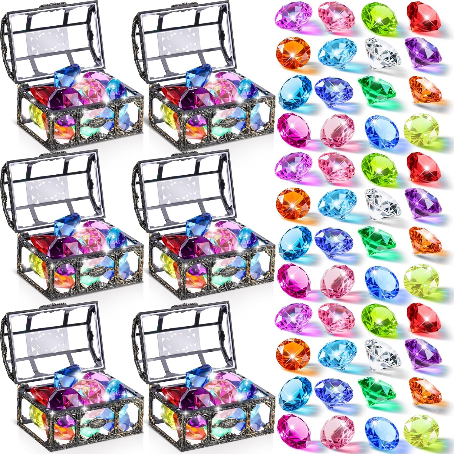 Seenelling 100 Pcs Big Diving Gems Pool Toys with 6 Treasure Chest for Kids Acrylic Diamond Pool Gemstone Fake Treasure Pirate Box Underwater Diving Swimming Training Gift Summer Party Favors