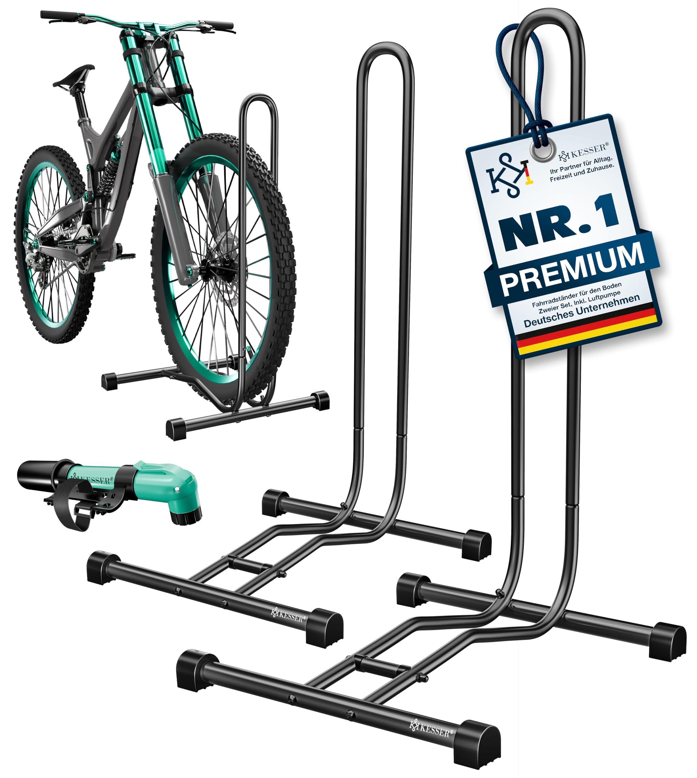 KESSER® Fahrradständer Boden einzeln für Mountainbike, E-Bike, Citybike, Rennrad, MTB | Fahrrad Montageständer | Freistehender Fahrradhalter Ständer Eisen | Reifenbreite bis 65mm | Inkl. Luftpumpe