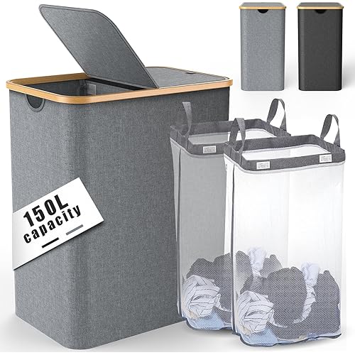 Double Laundry Hamper with Lid - Large Laundry Basket, 2 Section Clothes Hampers for Laundry, Dirty Clothes Hamper, Foldable & Space Saving