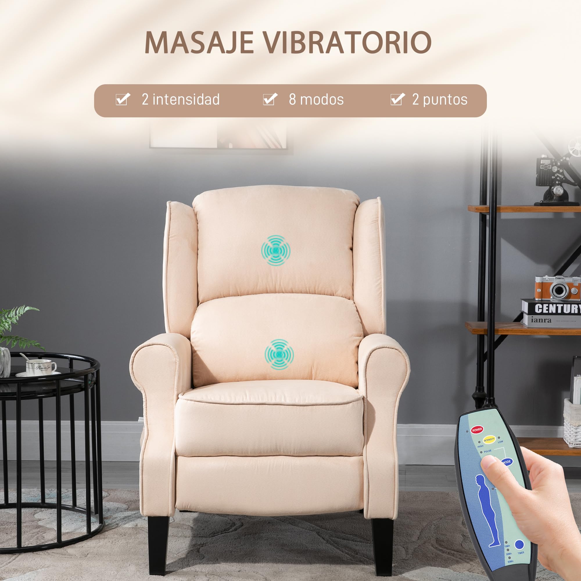 HOMCOM Sillón de Masaje Sillón Relax Reclinable con Mando a Distancia 2 Zonas de Masaje Bolsillo Lateral y Tapizado en Tejido de Ante 78x83x101 cm Crema