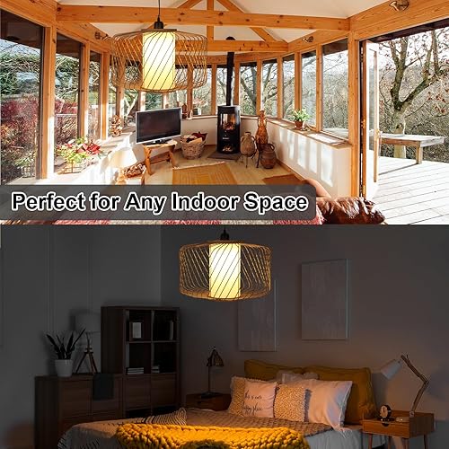 Miniatura 9 de Lámpara colgante de ratán enchufable, luces colgantes bohemias con pantalla tejida, regulable de 3 vías y ajuste de atenuador para sala de estar,