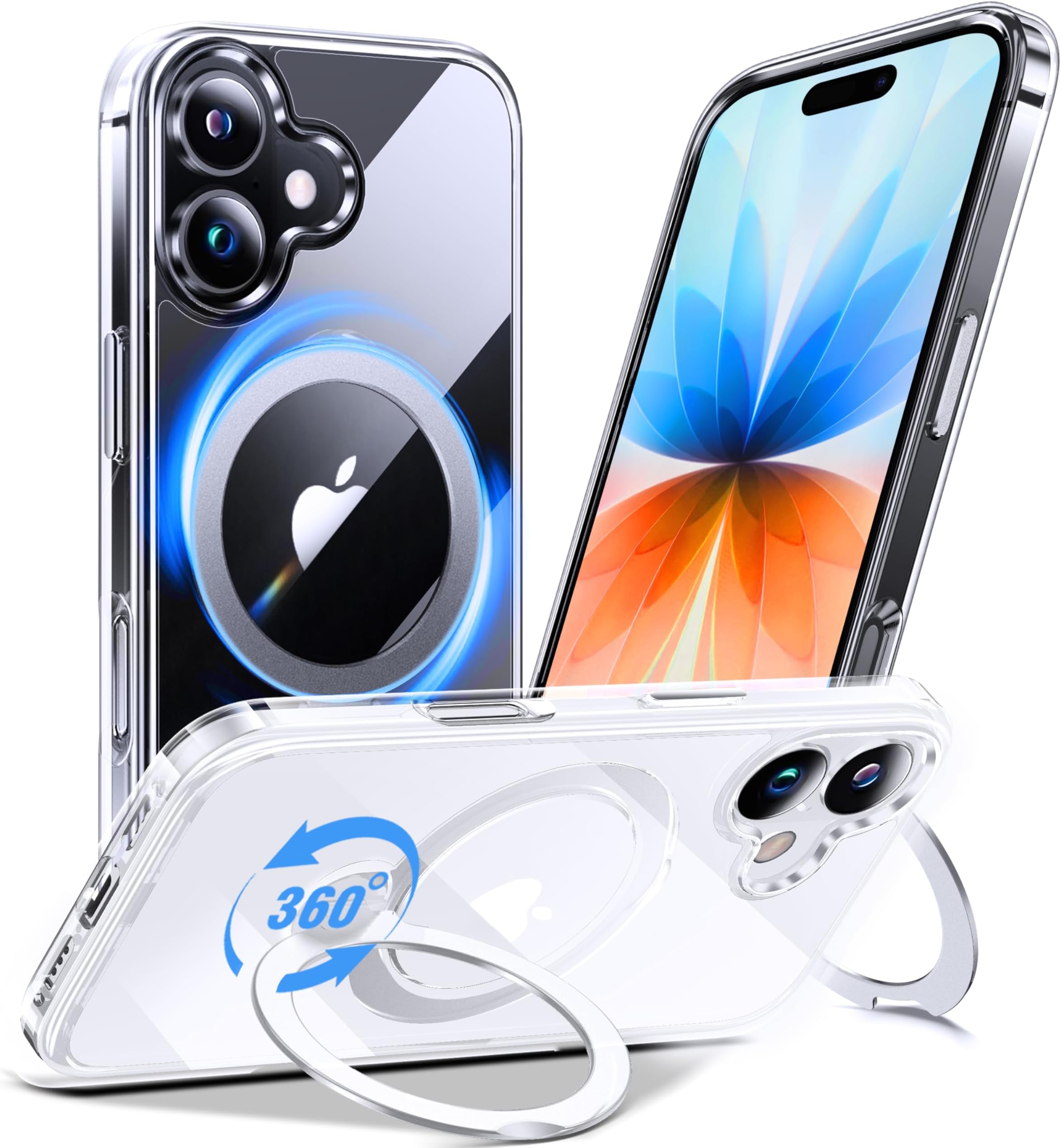 360° All-in-ONE Crystal Clear Case for iPhone 17 with Rotatable Magnetic Stand, Compatible with Mag-Safe, Anti-Yellowing Transparent MIL-Grade Shockproof Phone Case Cover for iPhone 17