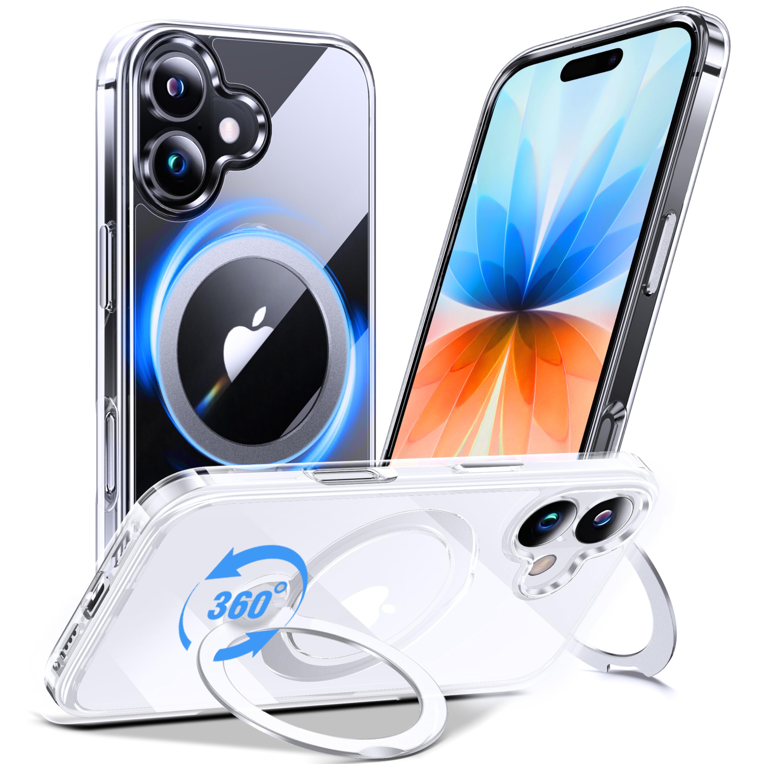 Anqrp 360° Crystal Clear Case for iPhone 17, Rotatable Magnetic Stand, MagSafe, Anti-Yellowing, MIL-Grade Shockproof