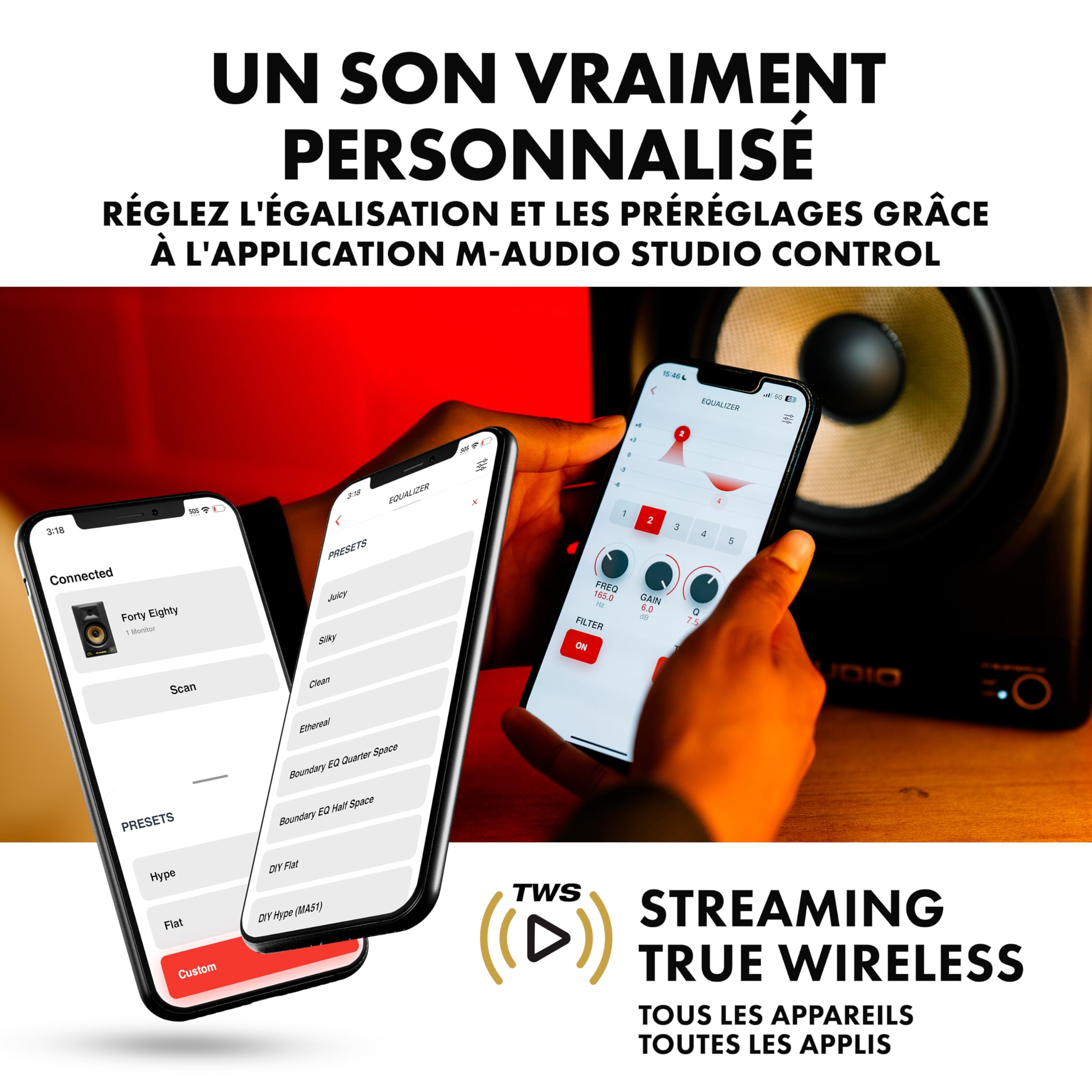M-AUDIO Forty Eighty - Enceinte de Monitoring 8" de Studio pour Produire et Mixer avec Transition DSP, Égaliseur, Appli de Contrôle et Bluetooth, 150W
