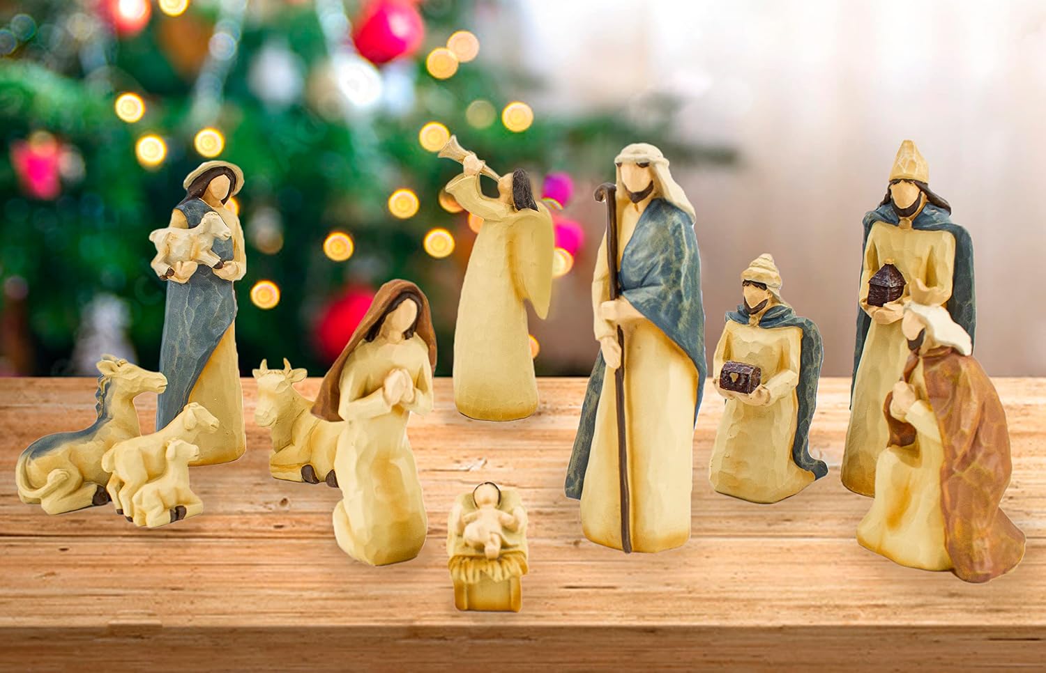 Christmas Nativity Scene Set 11 Piece Indoor Figurines with Holy Family, Angel, Wisemen & Animal Minimalist Wood Look Folk Art Nativity Tabletop Decoration 9.5”H