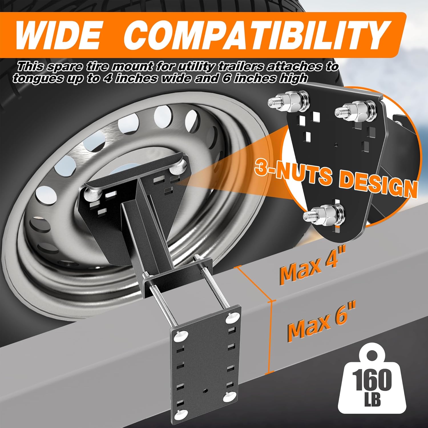 Trailer Spare Tire Mount for Utility Trailer Accessories,Rv Spare Tire Mount,Spare Tire Carrier Fits 4 & 5 & 6 & 8 Lugs Trailer Wheels on 4",4.25" 4.5'',4.75'',5",5.32" 5.5" or 6.5" Bolt Patterns