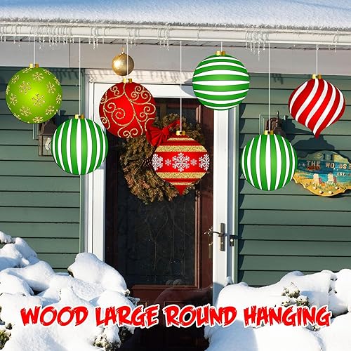 Miniatura 6 de 6 adornos colgantes de Navidad para exteriores, decoración plana de madera, adornos redondos de doble cara para patio, porche, techo, decoración de