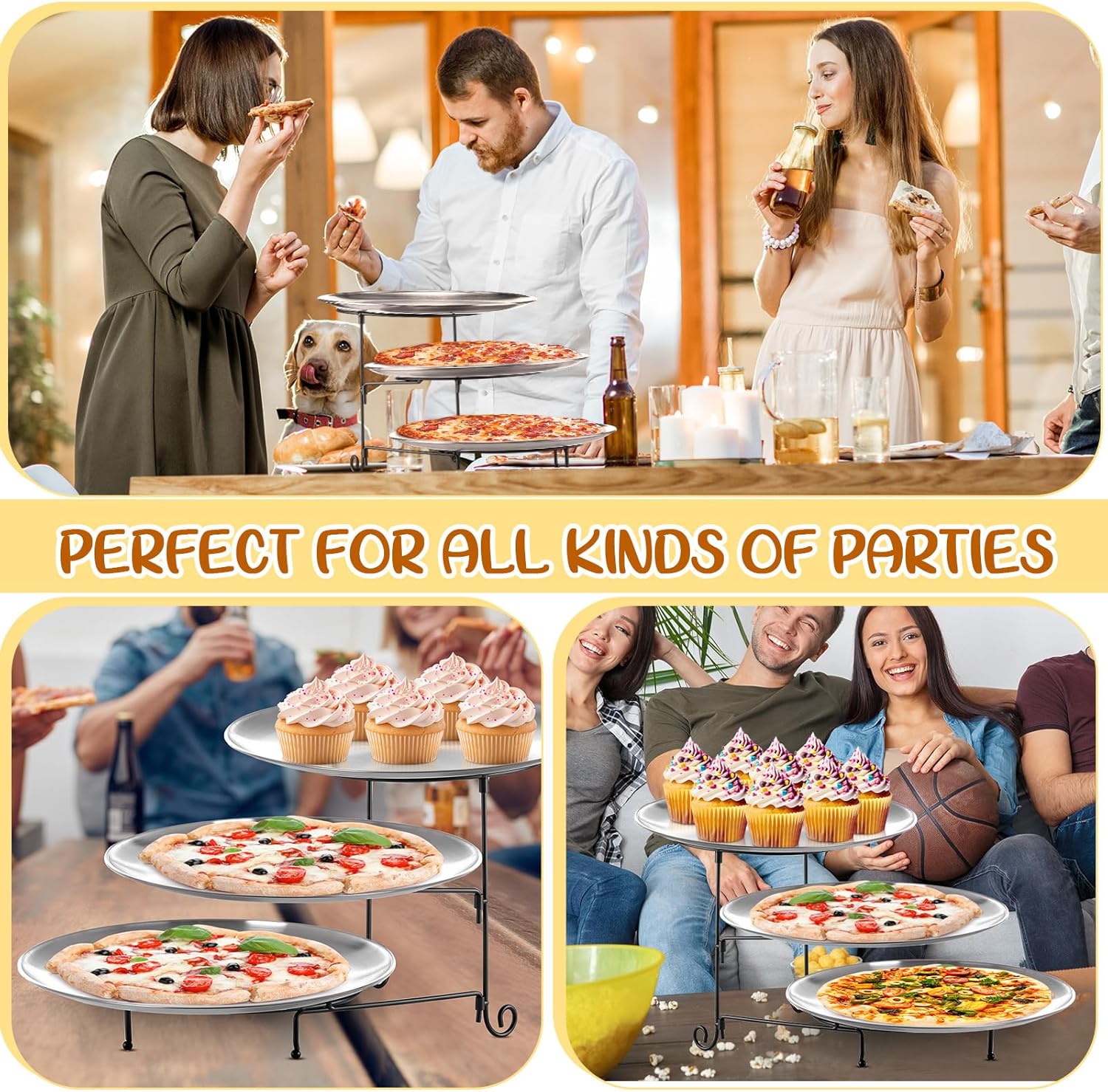 Domensi 7pcs Pizza Pan Riser Stands Sets Includes 1pcs Tiered Tray Stand 3 Stainless Steel Pizza Pan and 3 Wood Handle Knife for Tables Party Restaurant