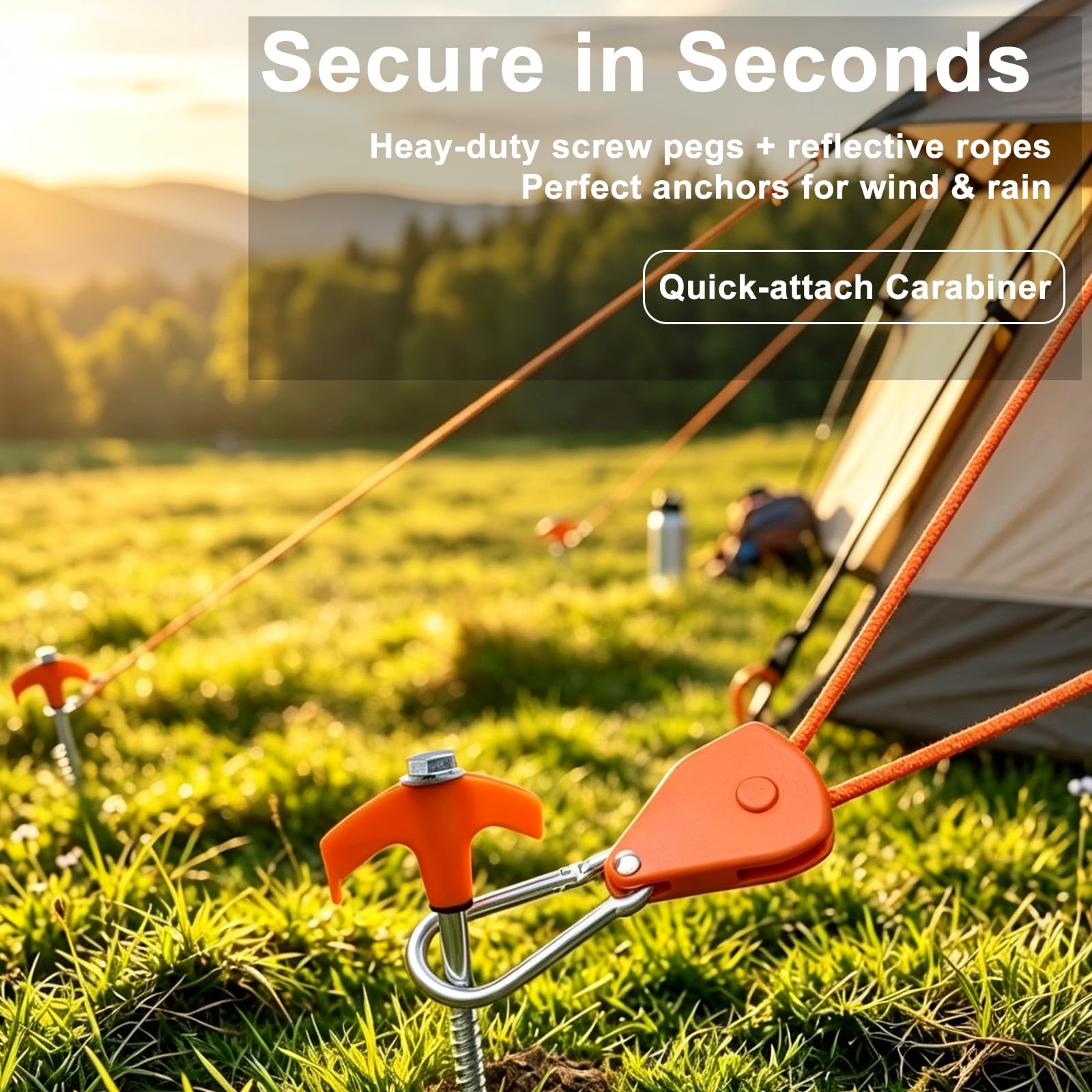 Kit de piquets de tente et haubans robustes – 8 piquets à visser avec 6 cordes réfléchissantes de 2,4 m, adaptateur de perceuse et extracteur de poignée en T – Accessoires de camping antirouille pour