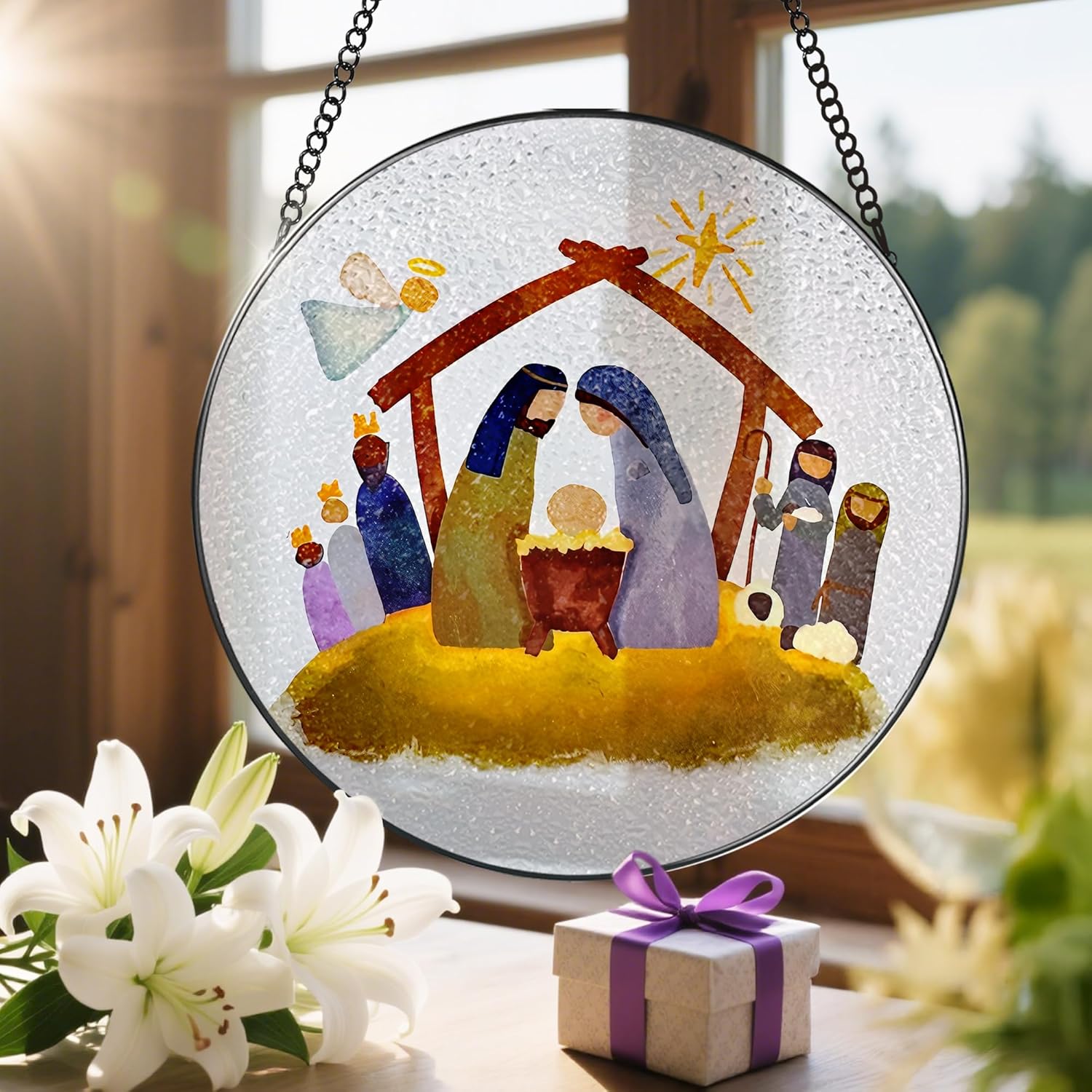 8'' Stained Glass Window Hanging, Nativity Scene Ornament, Christian Ornament, Holy Family Decoration, Religious Holiday Decor, Gift for Christmas, Religious Gifts, Christian Gifts - Image 6