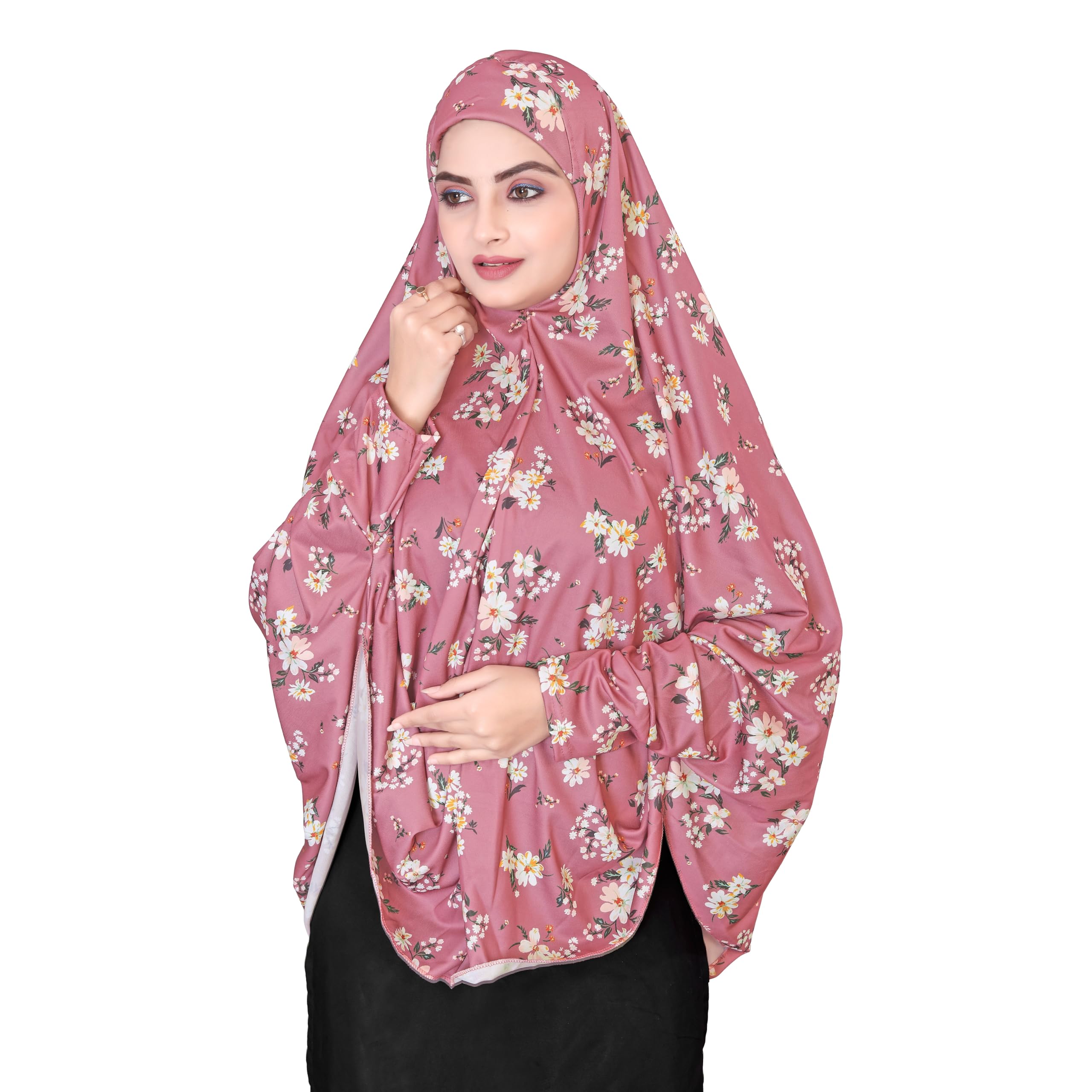 Women's Floral Print Hijab, Black with Beige Flowers, Full Coverage Islamic Headscarf