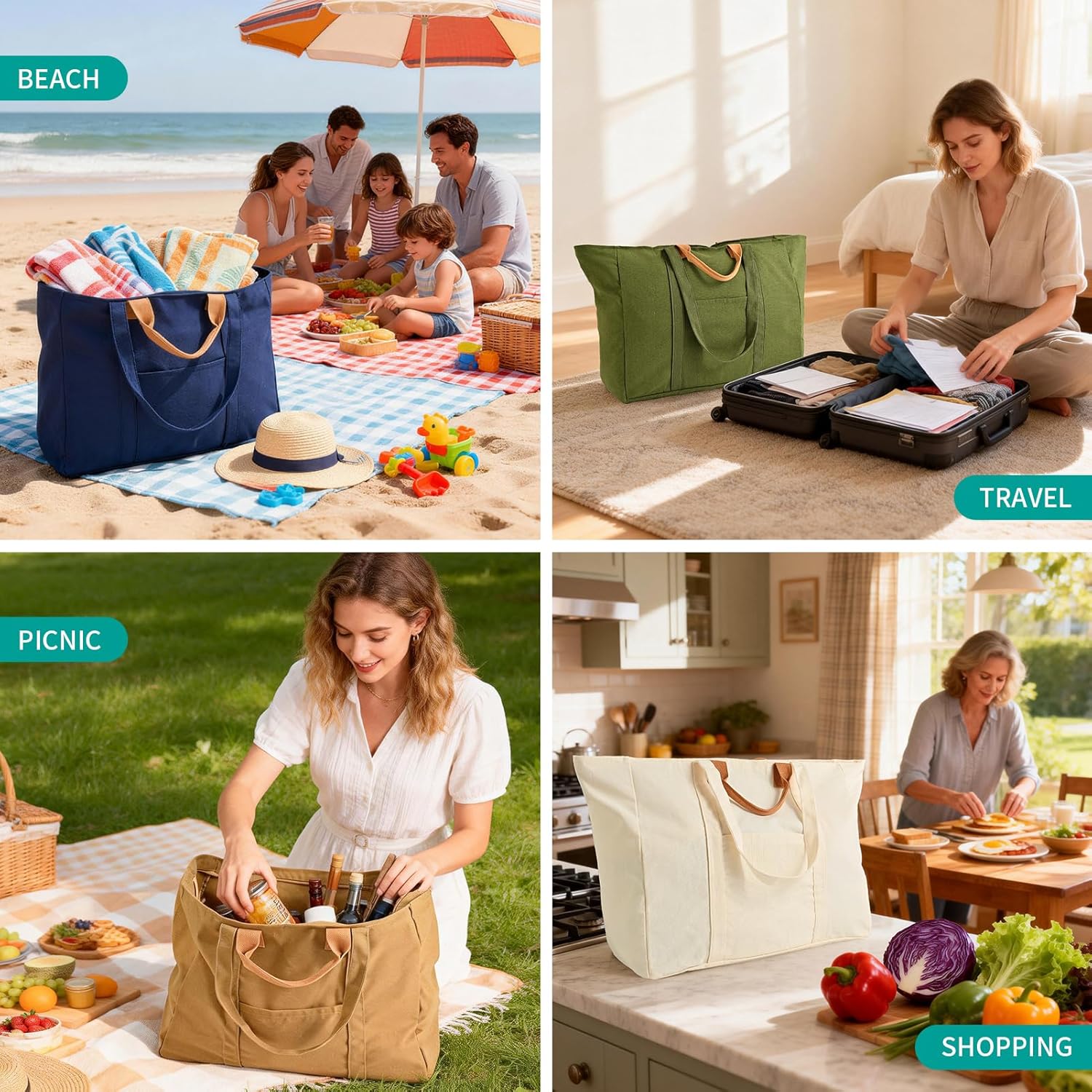 Extra Large Canvas Tote Bag with Zipper, Big Tote for Shopping Travel Picnic Beach, Dual Handles Storage Bag - Image 7