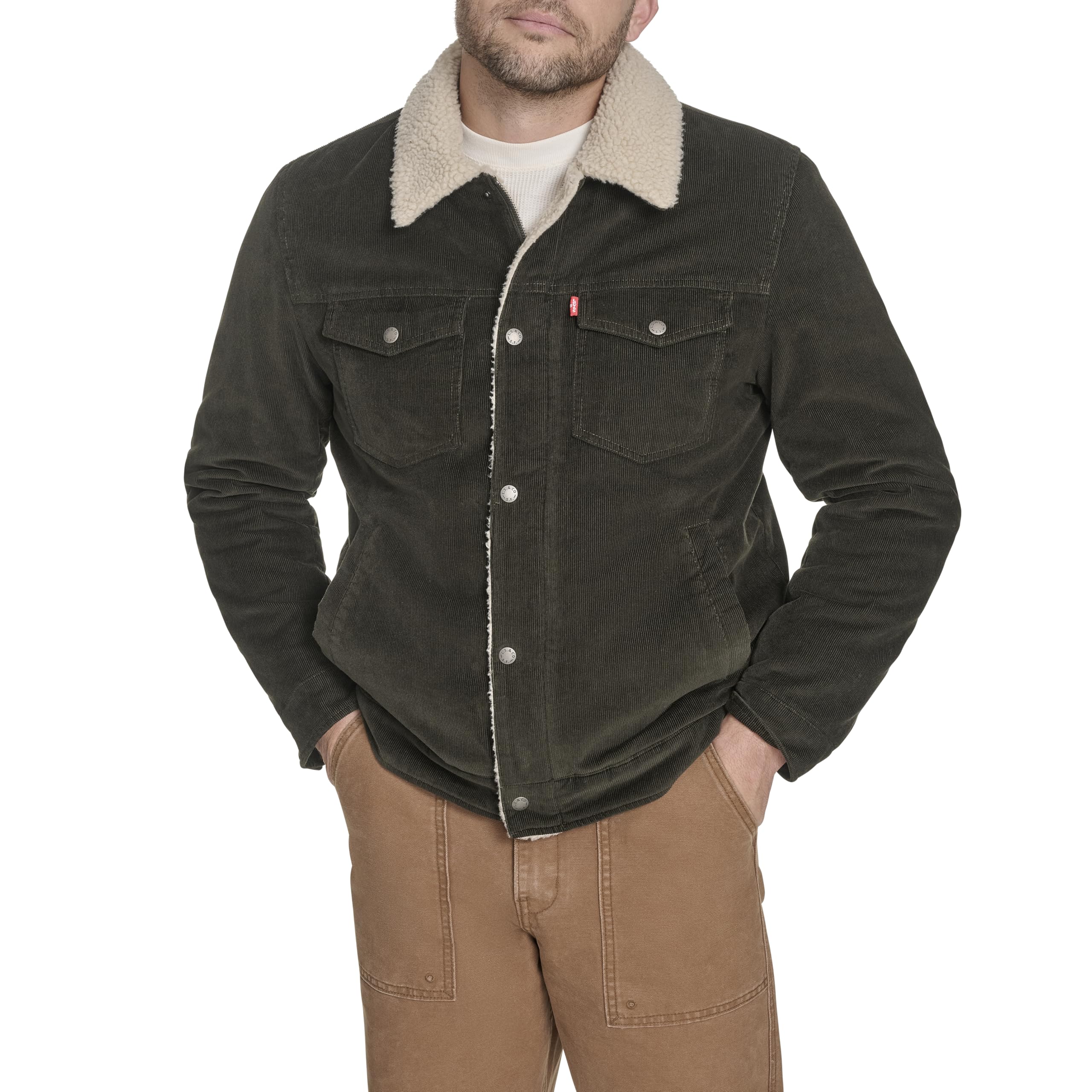 Levi's Men's Cotton Trucker Jacket, Dark Olive Corduroy, L