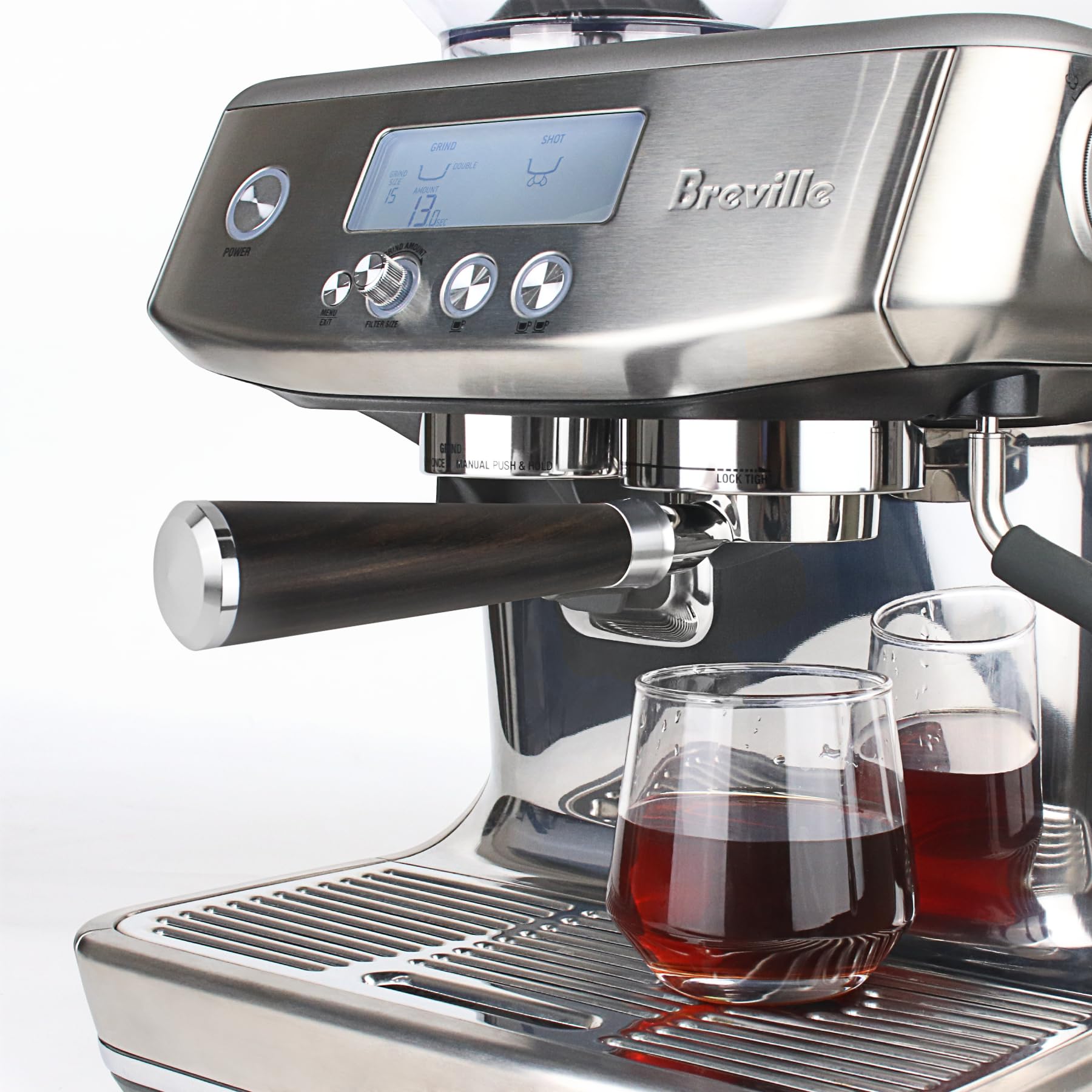 Portafiltro senza fondo da 54 mm per macchine Breville serie 8 | Cestello filtro incluso | Portafiltro da 54 mm con manico in legno massello adatto a Breville Barista Express