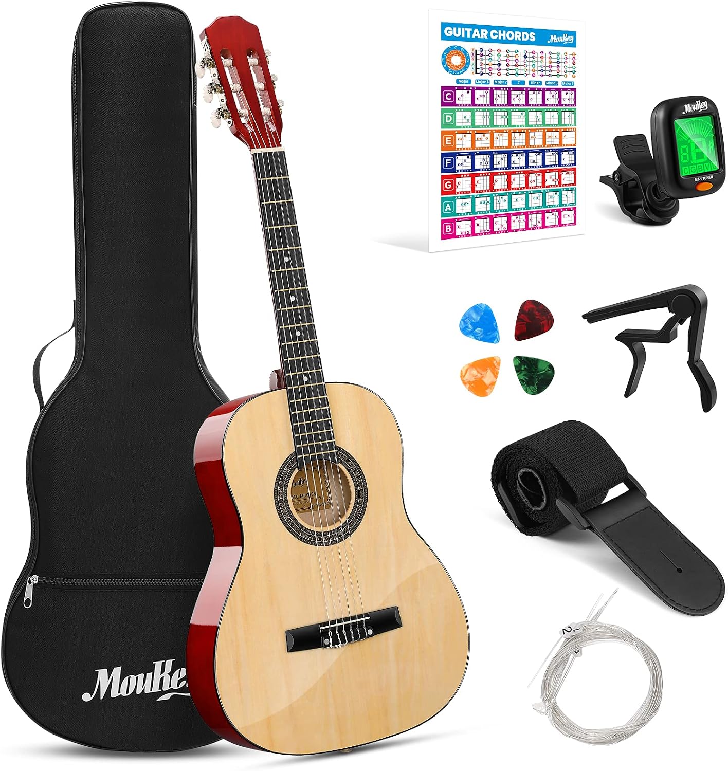 Moukey 36" Acoustic Guitar 3/4 Junior Classical Guitarra Acustica for Beginner Youth Teen Adult with Chord Poster, Gig Bag, Tuner, Picks, Nylon Strings, Capo, Strap - Natural