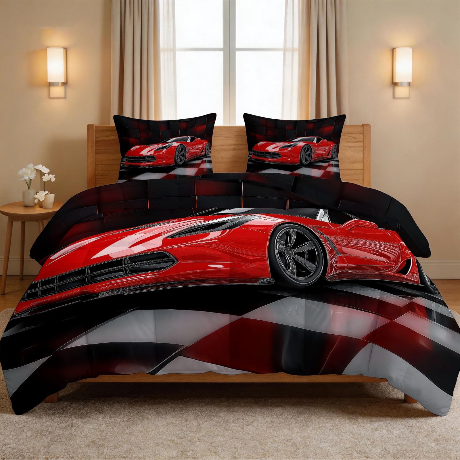 Couette réversible 200x200cm douce et thermorégulatrice pour lit 2 personnes sport automobile